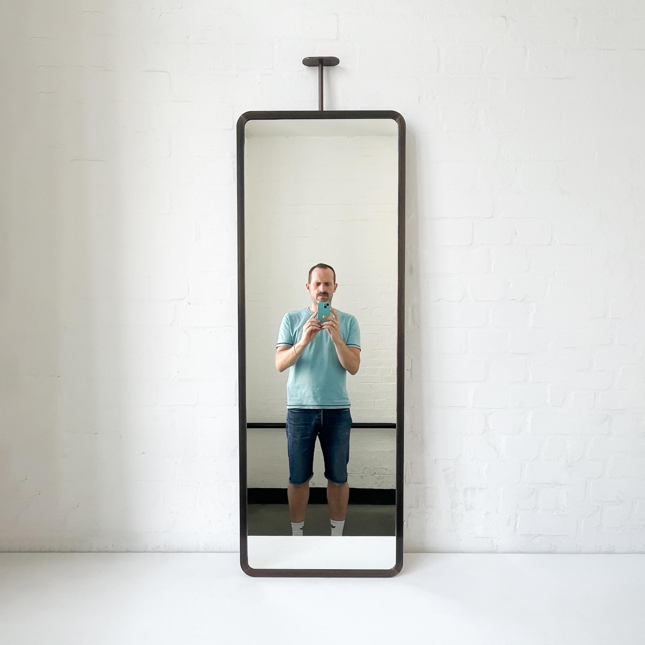 British Modern Quadris Ceiling Suspended Long Rectangular Mirror, Bronze Patina Frame For Sale