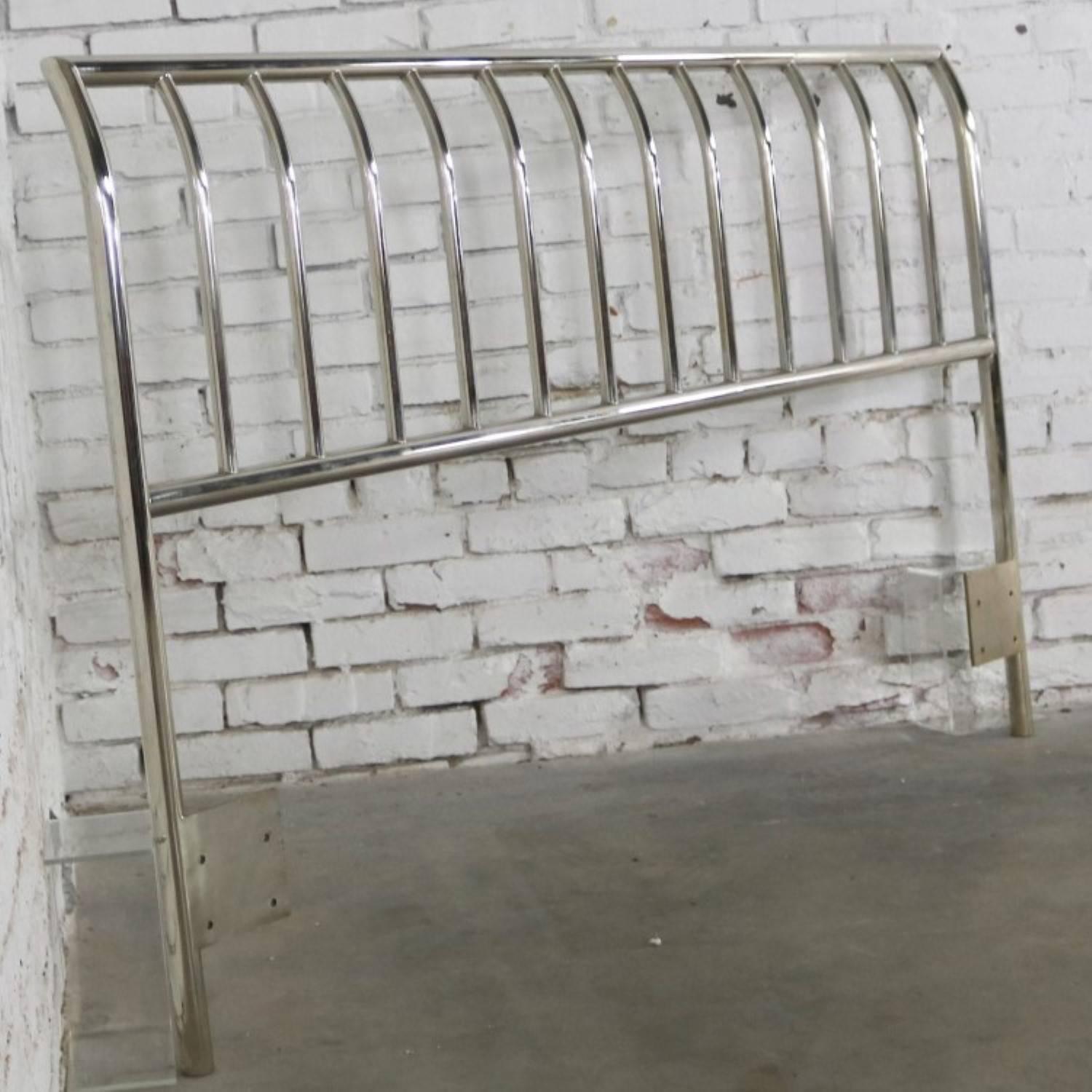 Handsome queen-size headboard of nickel chrome tube in a modern sleigh-bed design and in the style of Harvey Probber or Milo Baughman. It is in wonderful vintage condition with normal wear for age and use some small scratches but hard to see. It