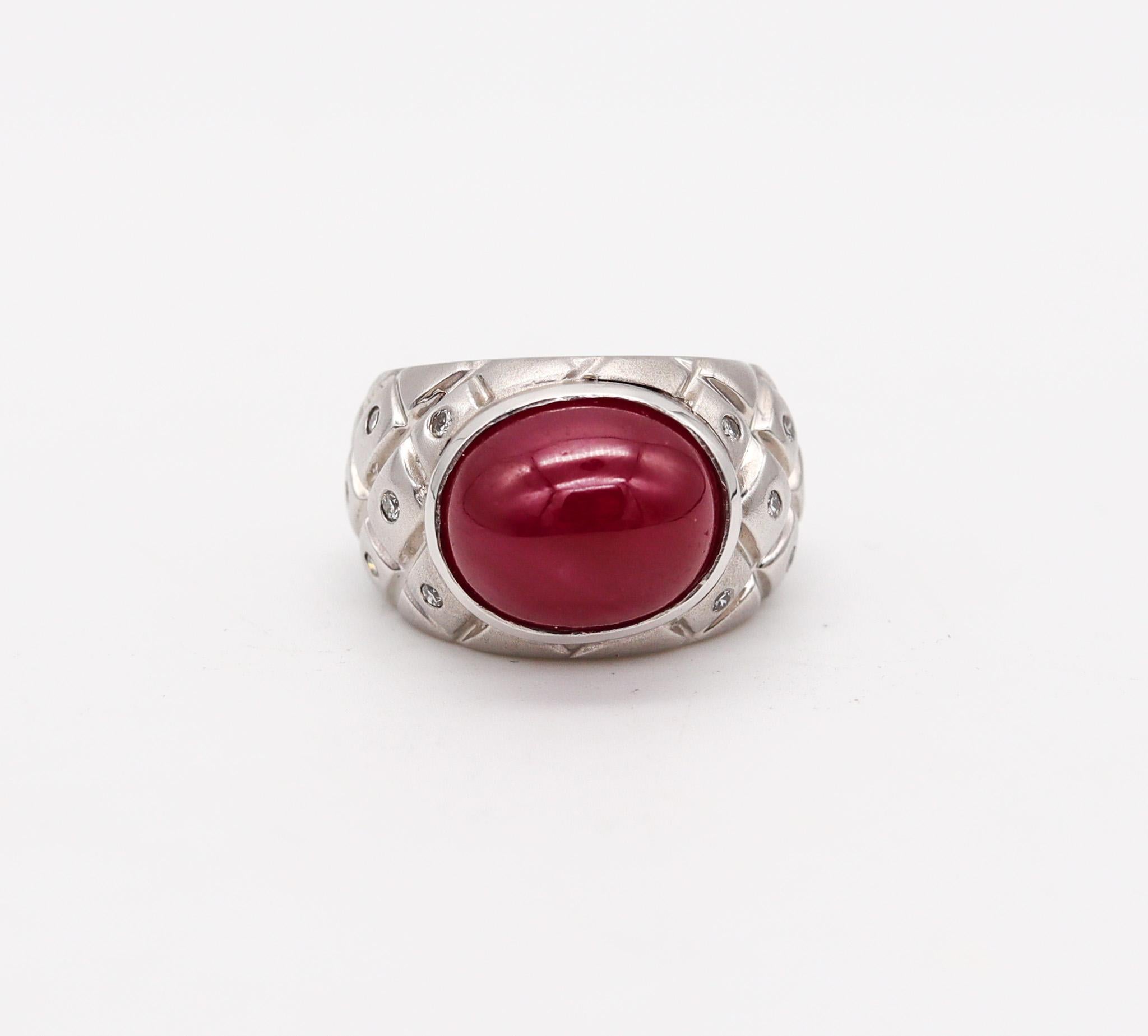Mixed Cut Modern Quilted Cocktail Ring in 18kt White Gold with 9.21 Cts in Diamonds Ruby For Sale