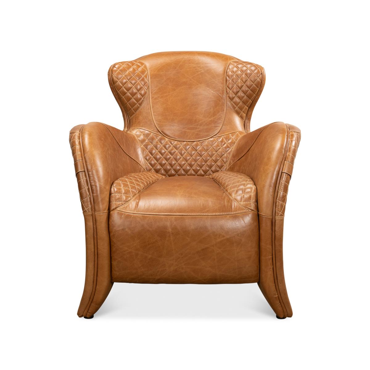 Modern quilted leather armchair with top grain Cuba brown leather, with a sloping rear and curved arms, with a partially quilted seat and backrest, with decorative gilt buckles.

Dimensions: 31