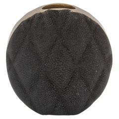 Modern Quilted Vase in Black Shagreen with Brass Details by KIFU Paris