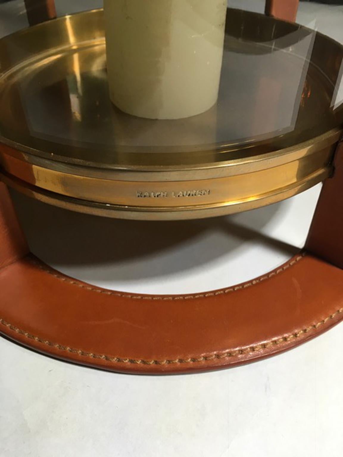 Ralph Lauren Saddle Leather Patinated Brass Hurricane Candleholders 5