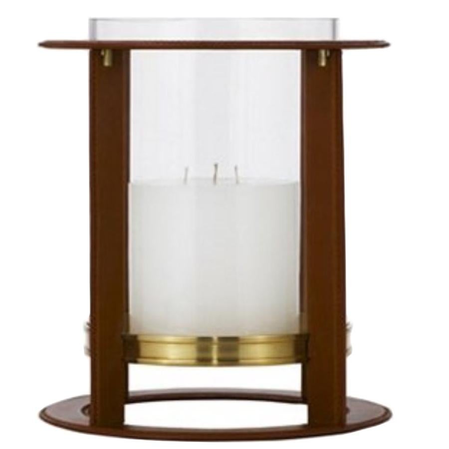 Ralph Lauren Saddle Leather Patinated Brass Hurricane Candleholders