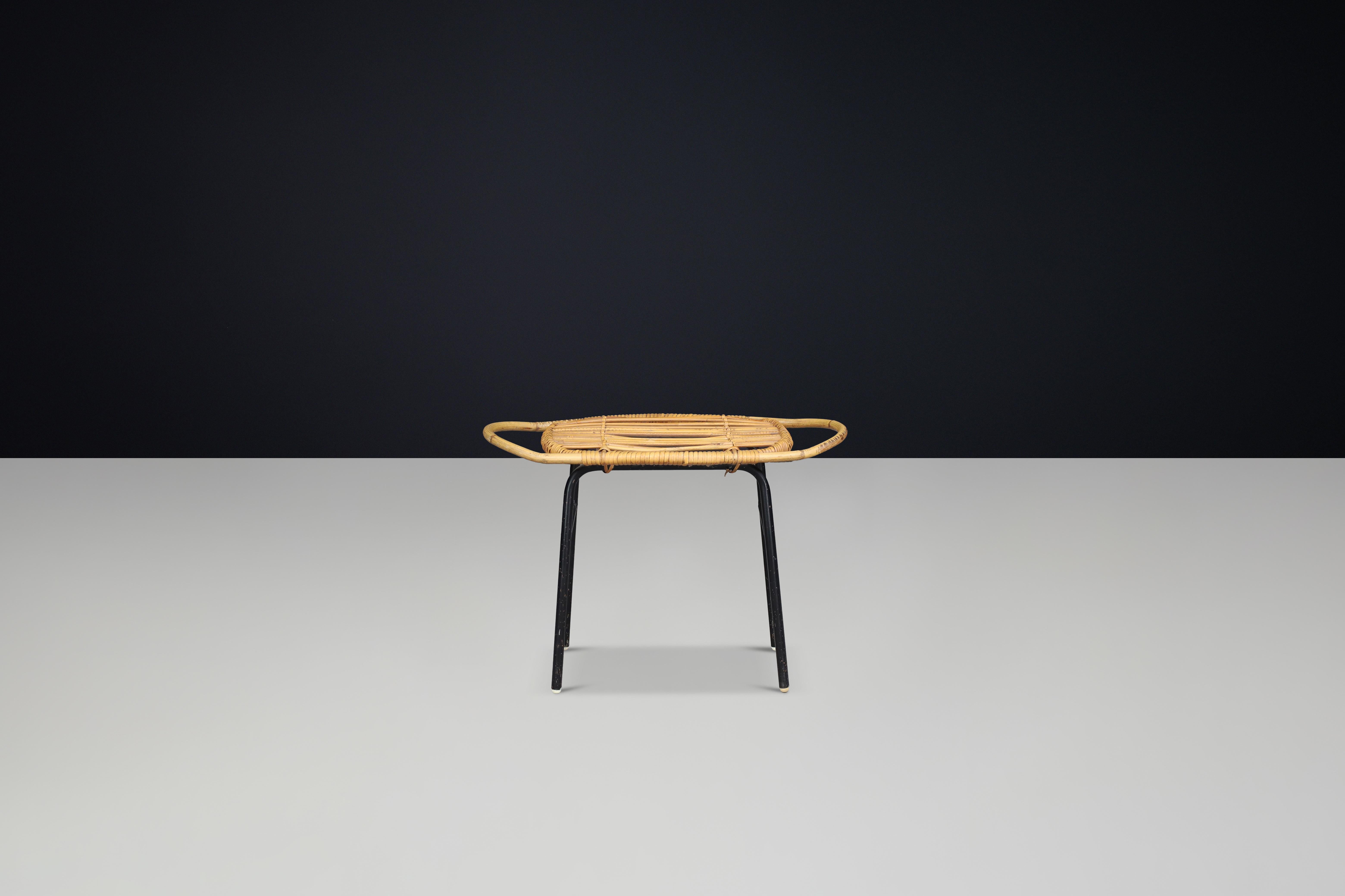 Français Modern Rattan and Bamboo Black Lacquered Side Table, France, 1950s — 3 Available en vente