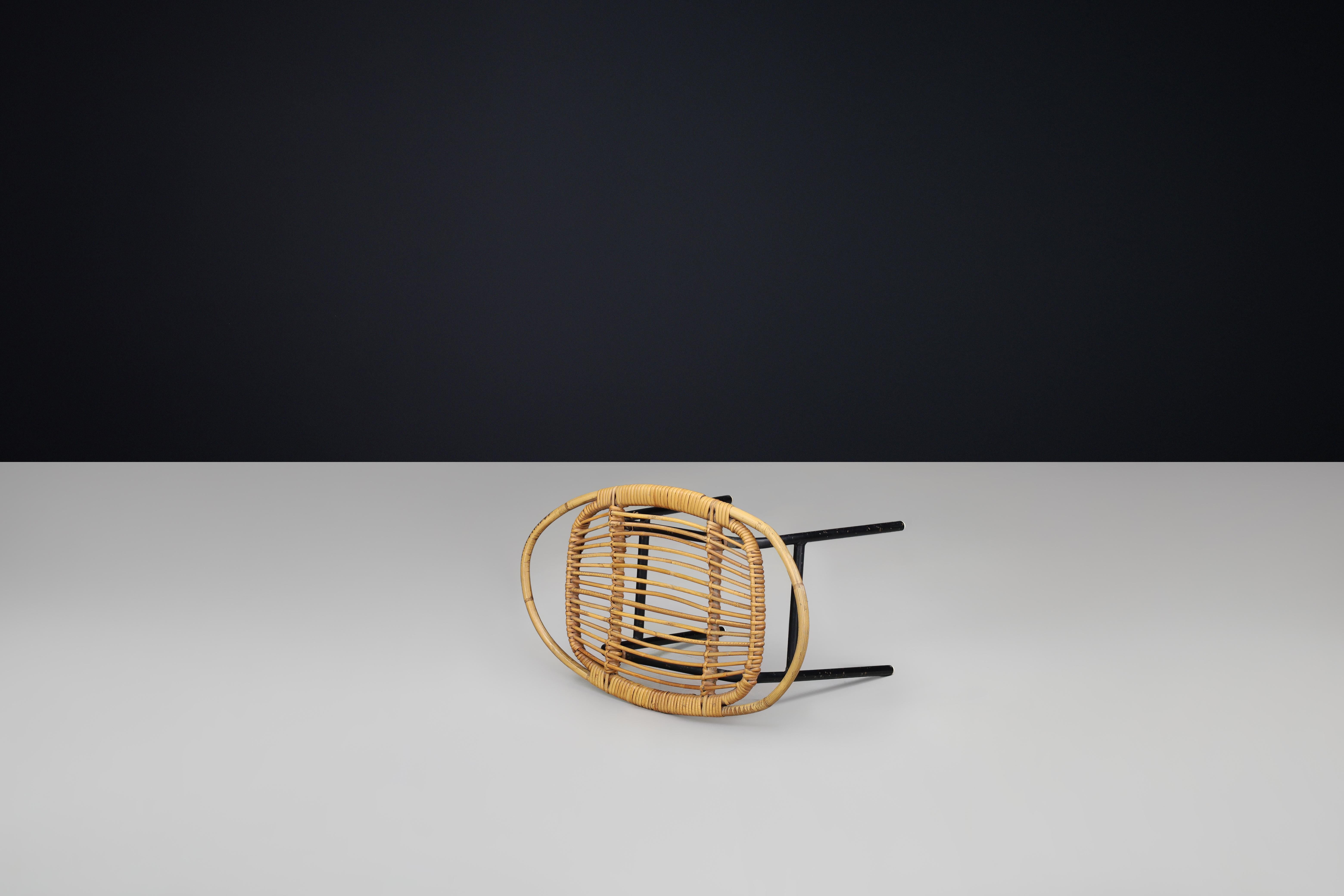 Modern Rattan and Bamboo Black Lacquered Side Table, France, 1950s — 3 Available Bon état - En vente à Almelo, NL