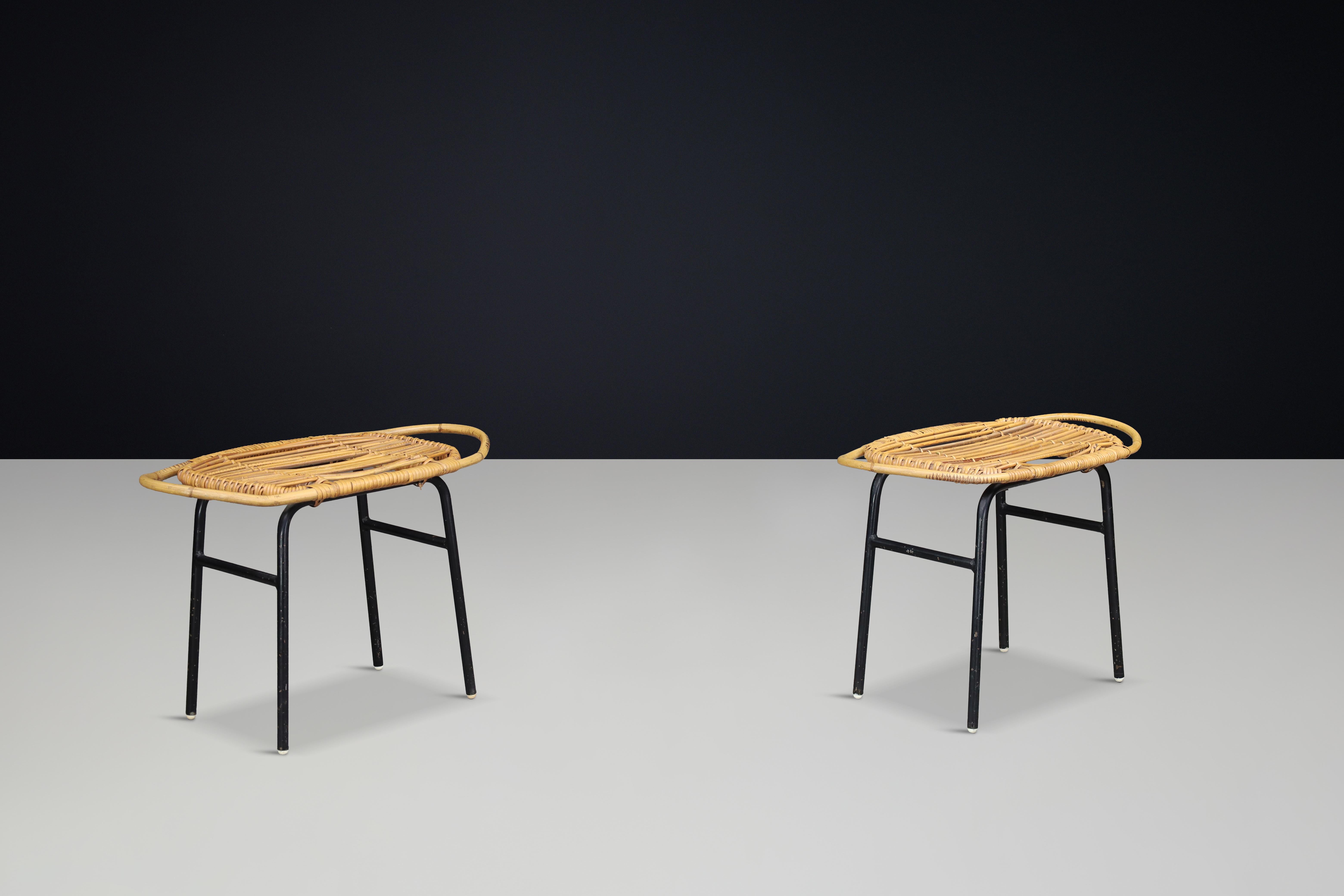 Métal Modern Rattan and Bamboo Black Lacquered Side Table, France, 1950s — 3 Available en vente