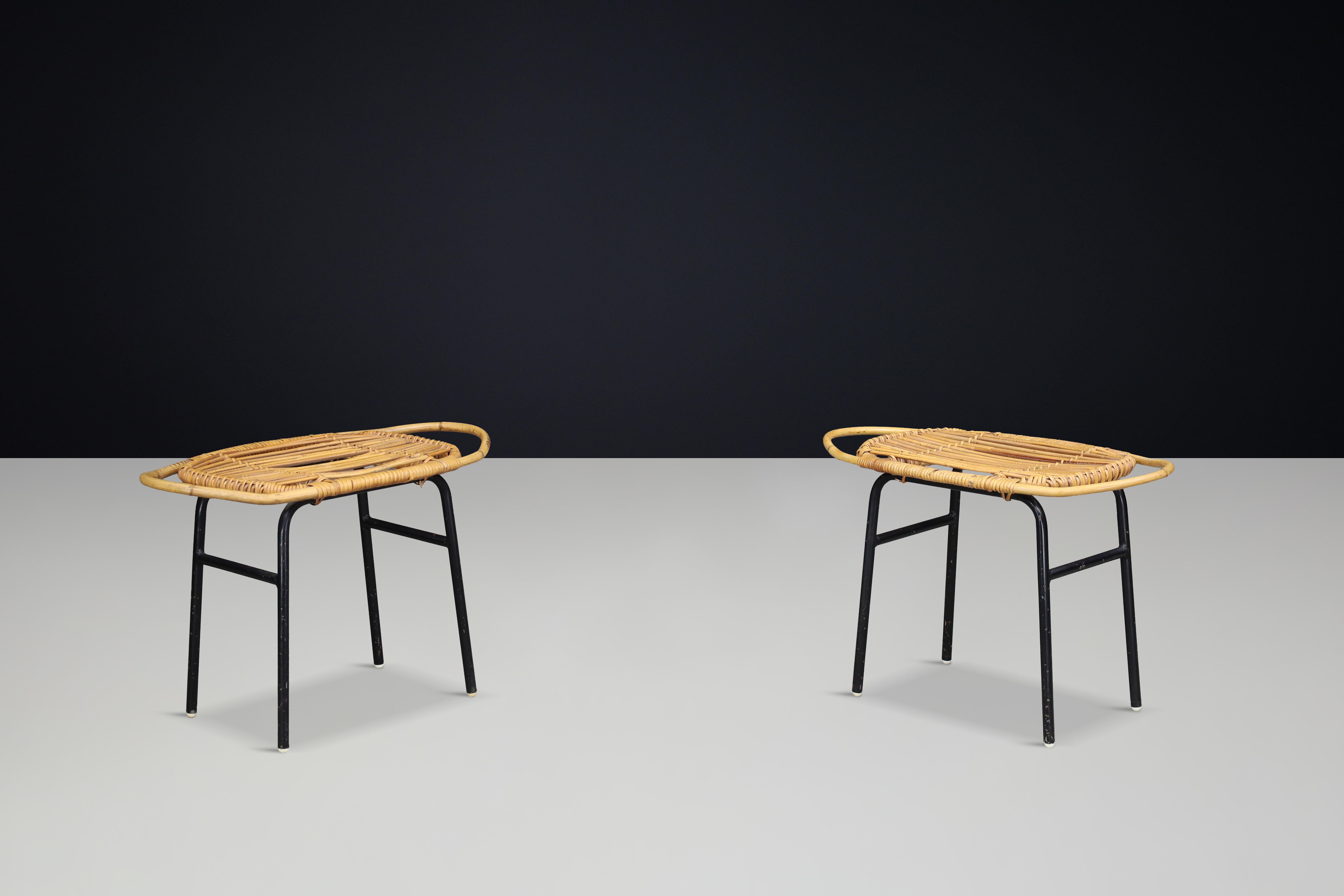 Modern Rattan and Bamboo Black Lacquered Side Table, France, 1950s — 3 Available en vente 1