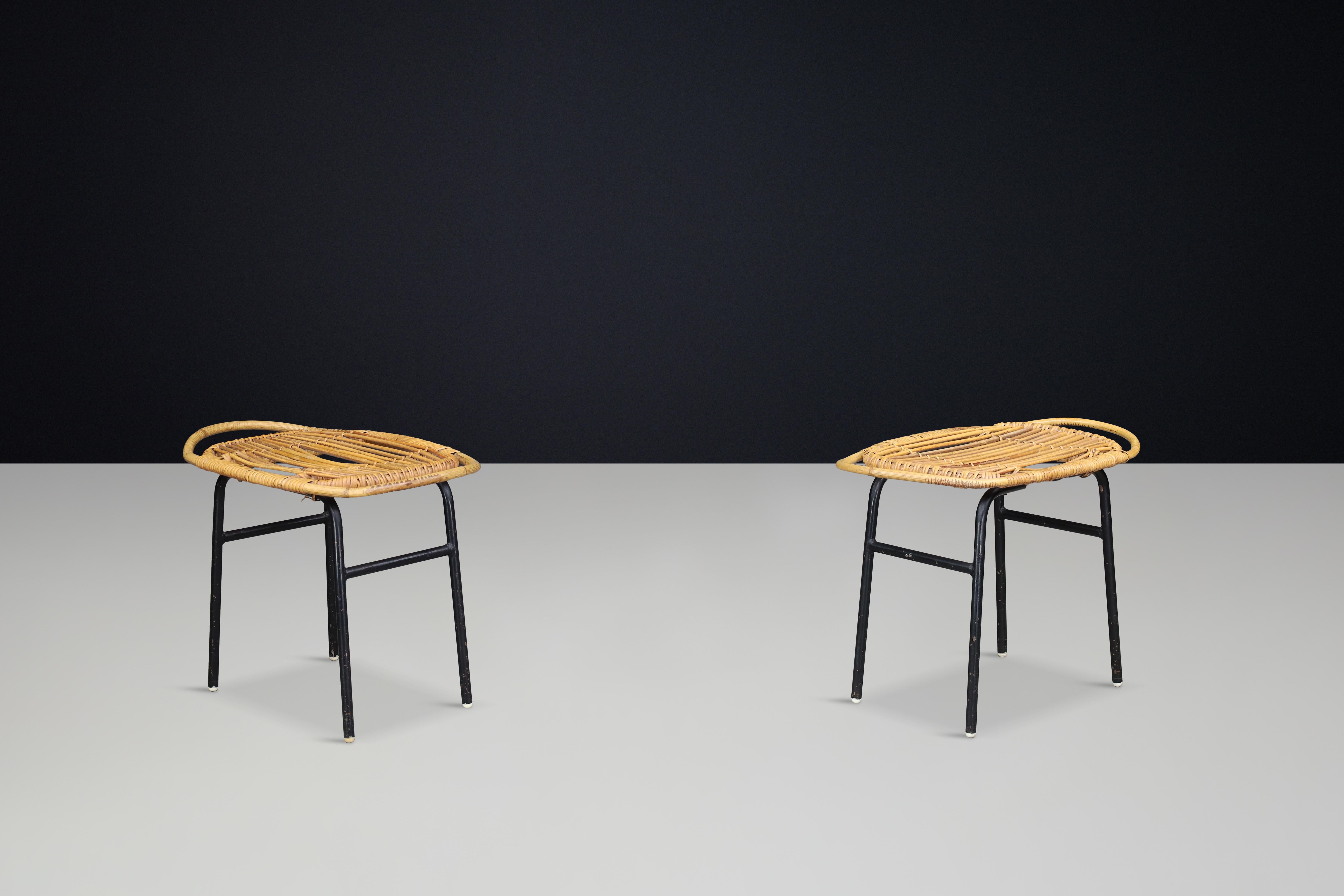 Modern Rattan and Bamboo Black Lacquered Side Table, France, 1950s — 3 Available en vente 2
