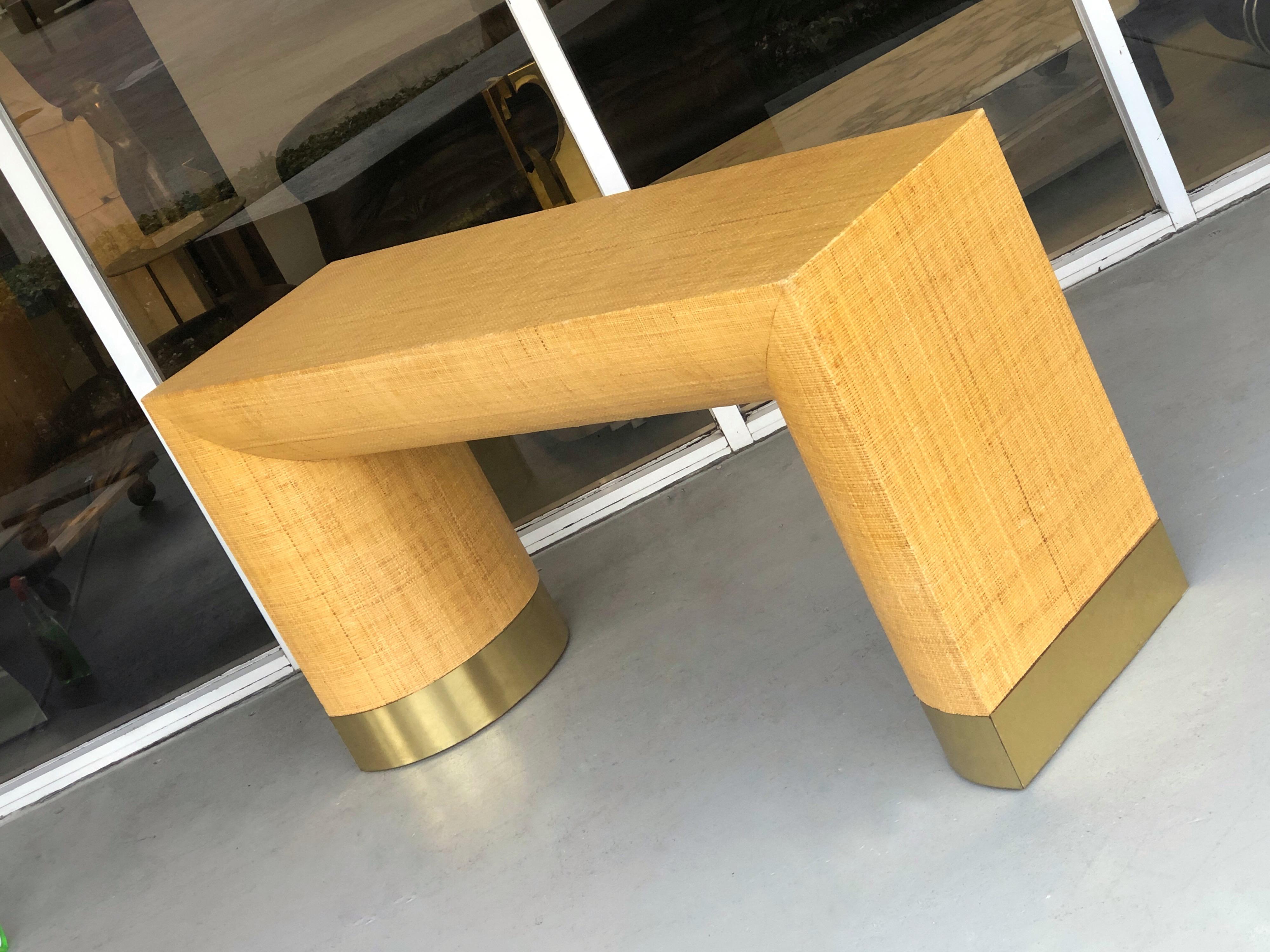 Modern Rattan and Brass Console Table, 1970s 4