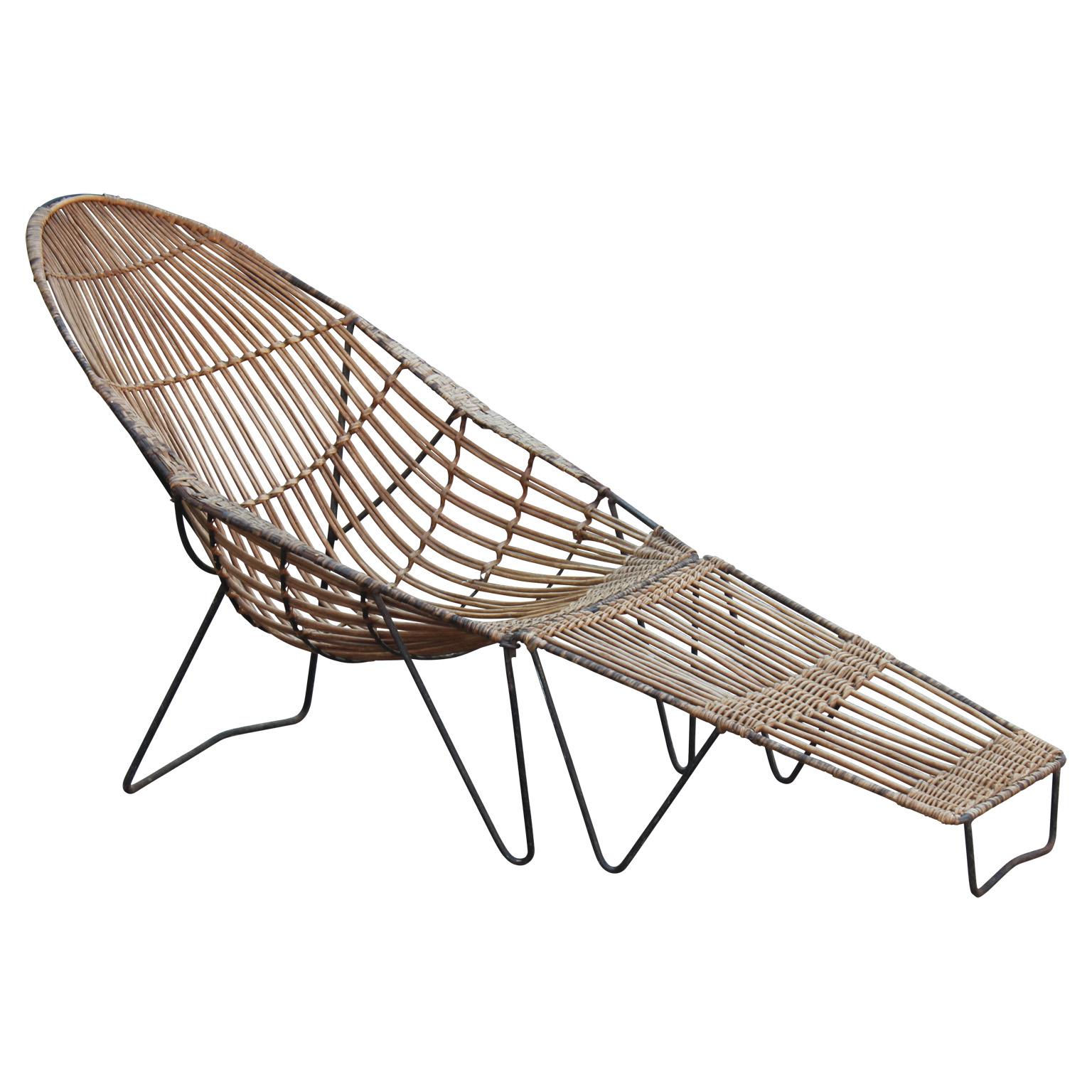 Modern Rattan Chaise Lounge Chair and Ottoman Van Keppel-Green Style