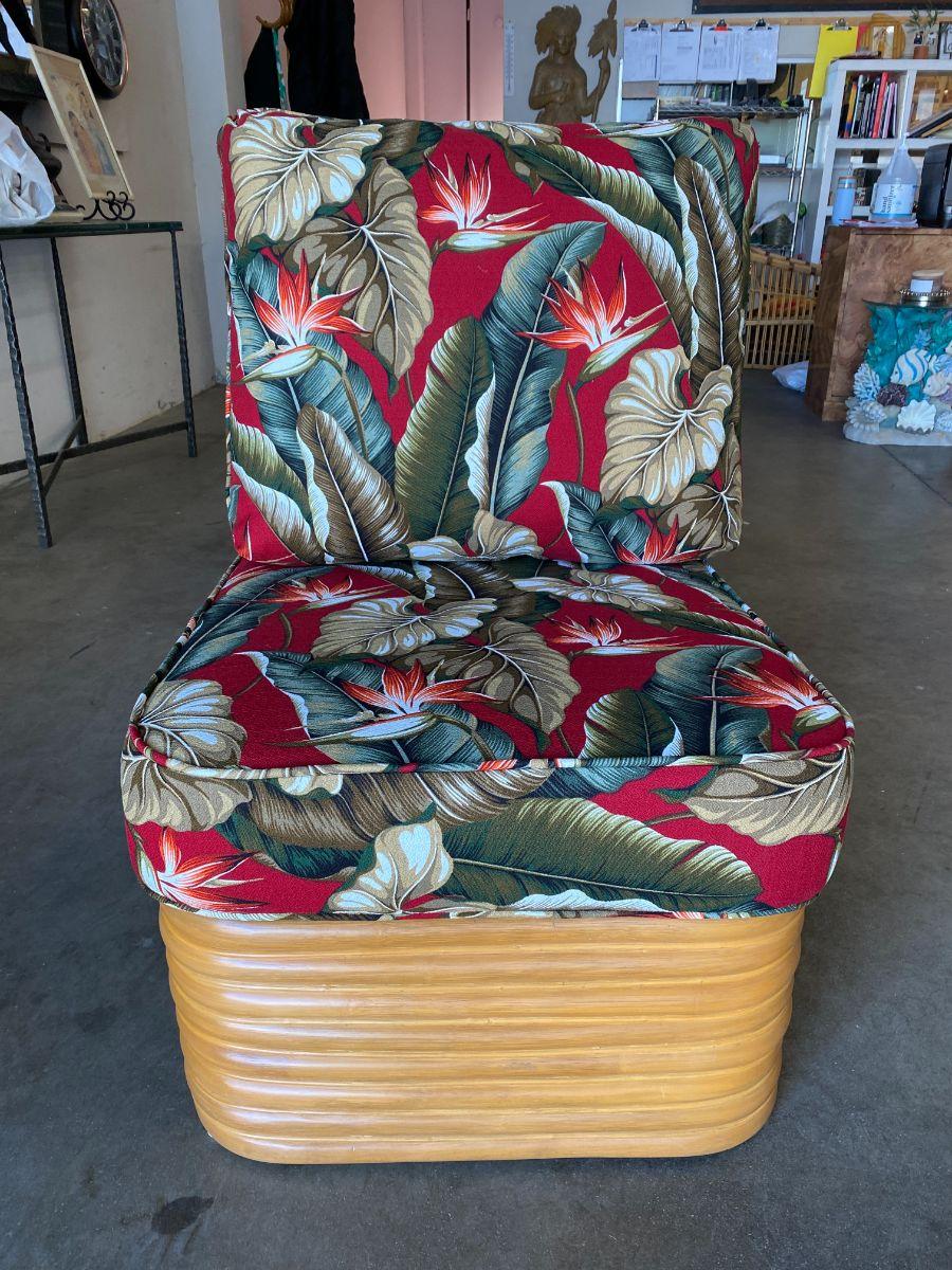 Modern Rattan Open Air Lounge Chair w/ Barkcloth Cushion In Excellent Condition For Sale In Van Nuys, CA