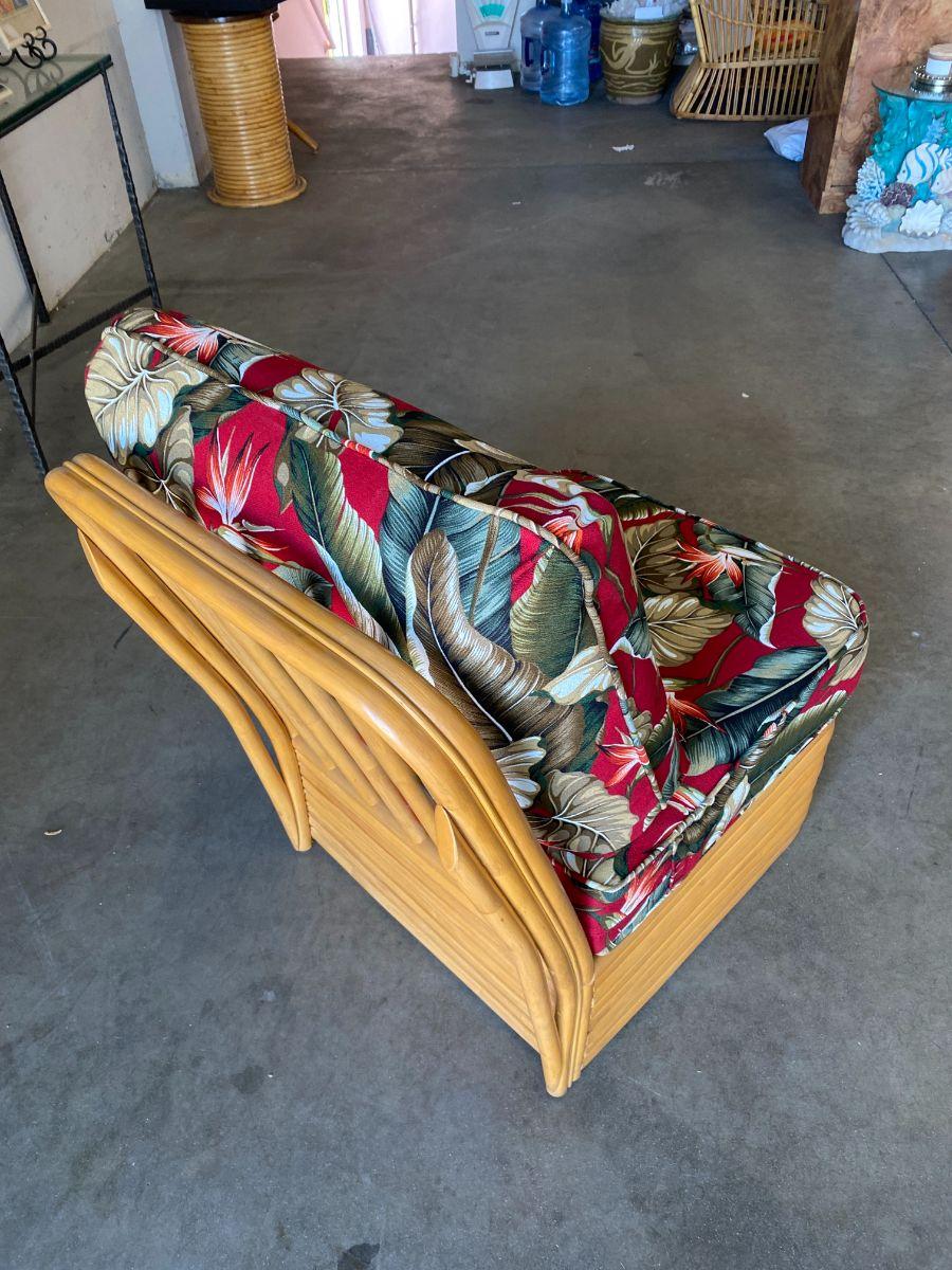 Contemporary Modern Rattan Open Air Lounge Chair w/ Barkcloth Cushion For Sale