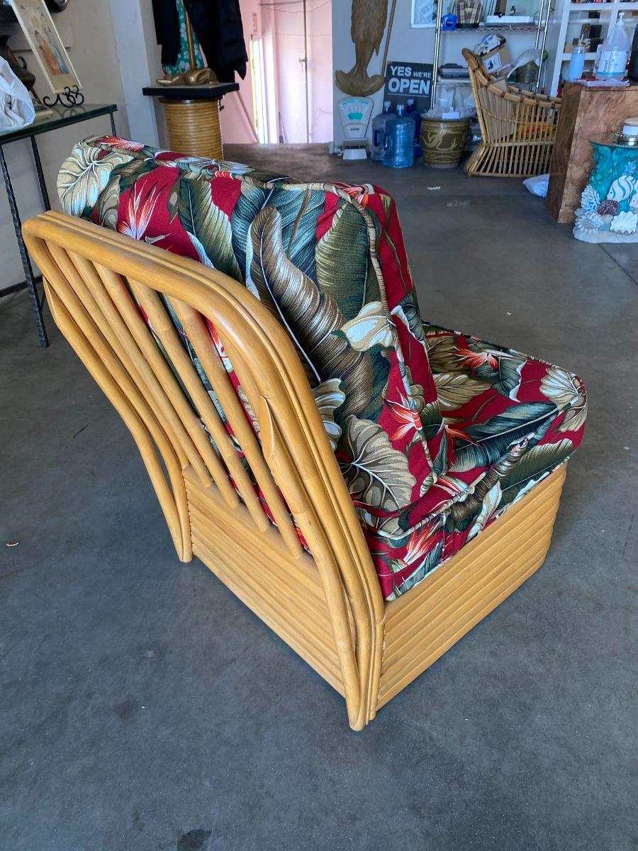 Modern Rattan Open Air Lounge Chair w/ Barkcloth Cushion For Sale 1