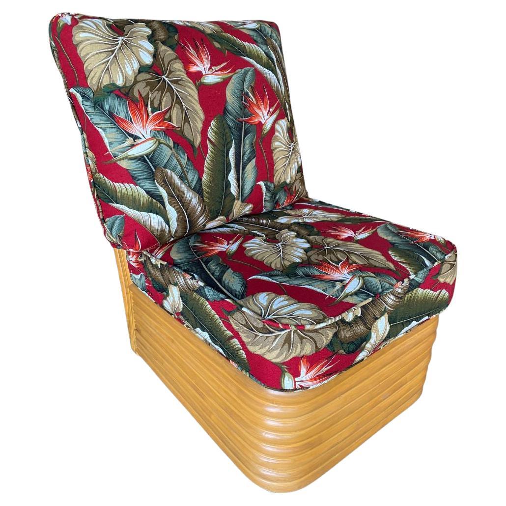 Modern Rattan Open Air Lounge Chair w/ Barkcloth Cushion For Sale