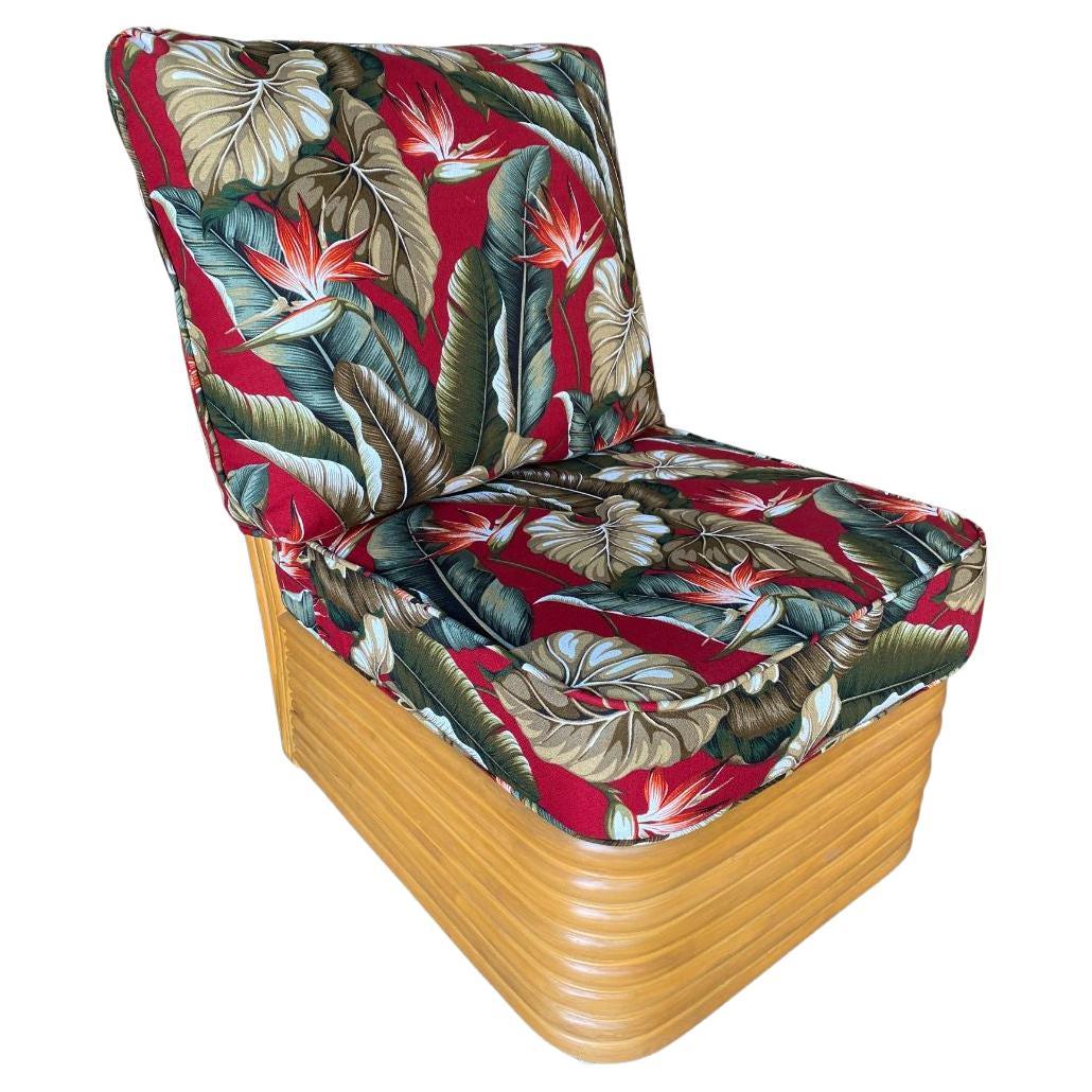 Modern Rattan Open Air Lounge Chair w Barkcloth Cushion For Sale