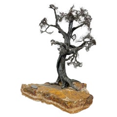 Modern Raw Edge Botanical Art Bonsai Tree Sculpture in Stone & Stainless Steel