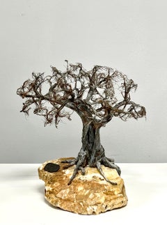 Modern Raw Edge Botanical Art Bonsai Tree Sculpture on Stone