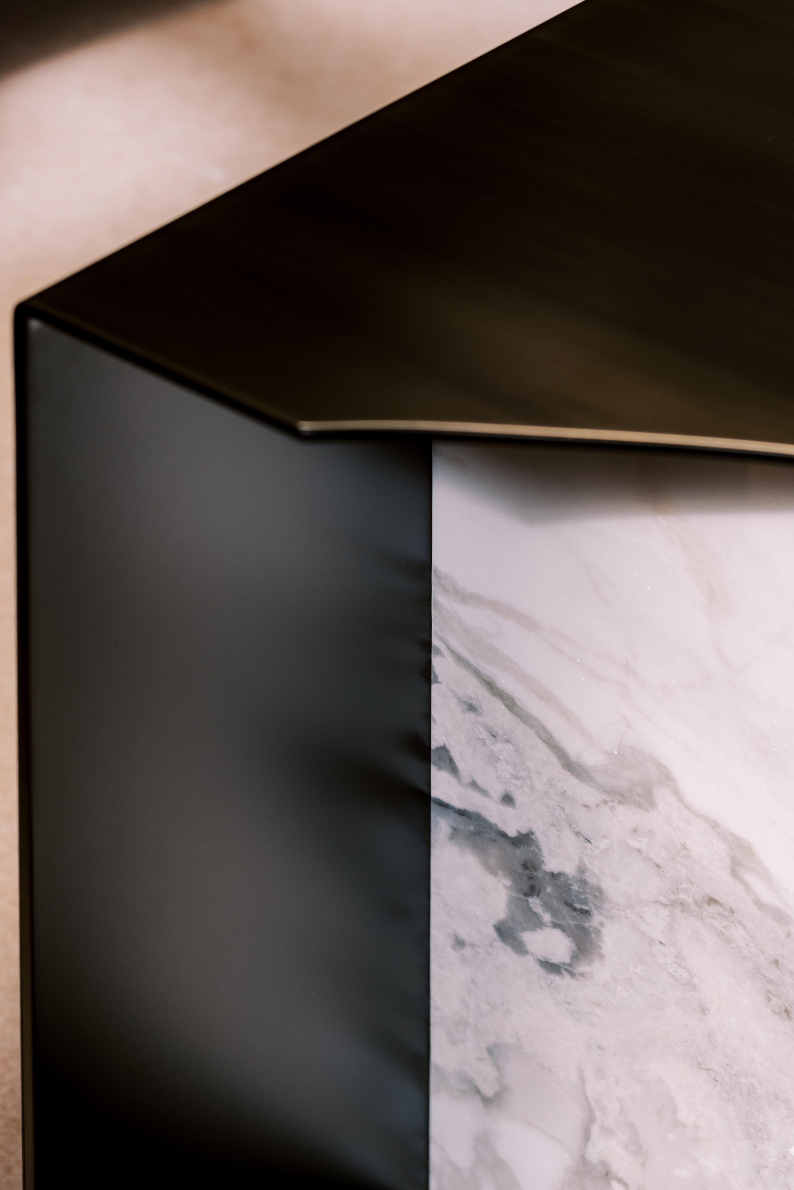 Brushed Modern Raw Side Table, Dover White Marble, Handmade in Portugal by Greenapple For Sale