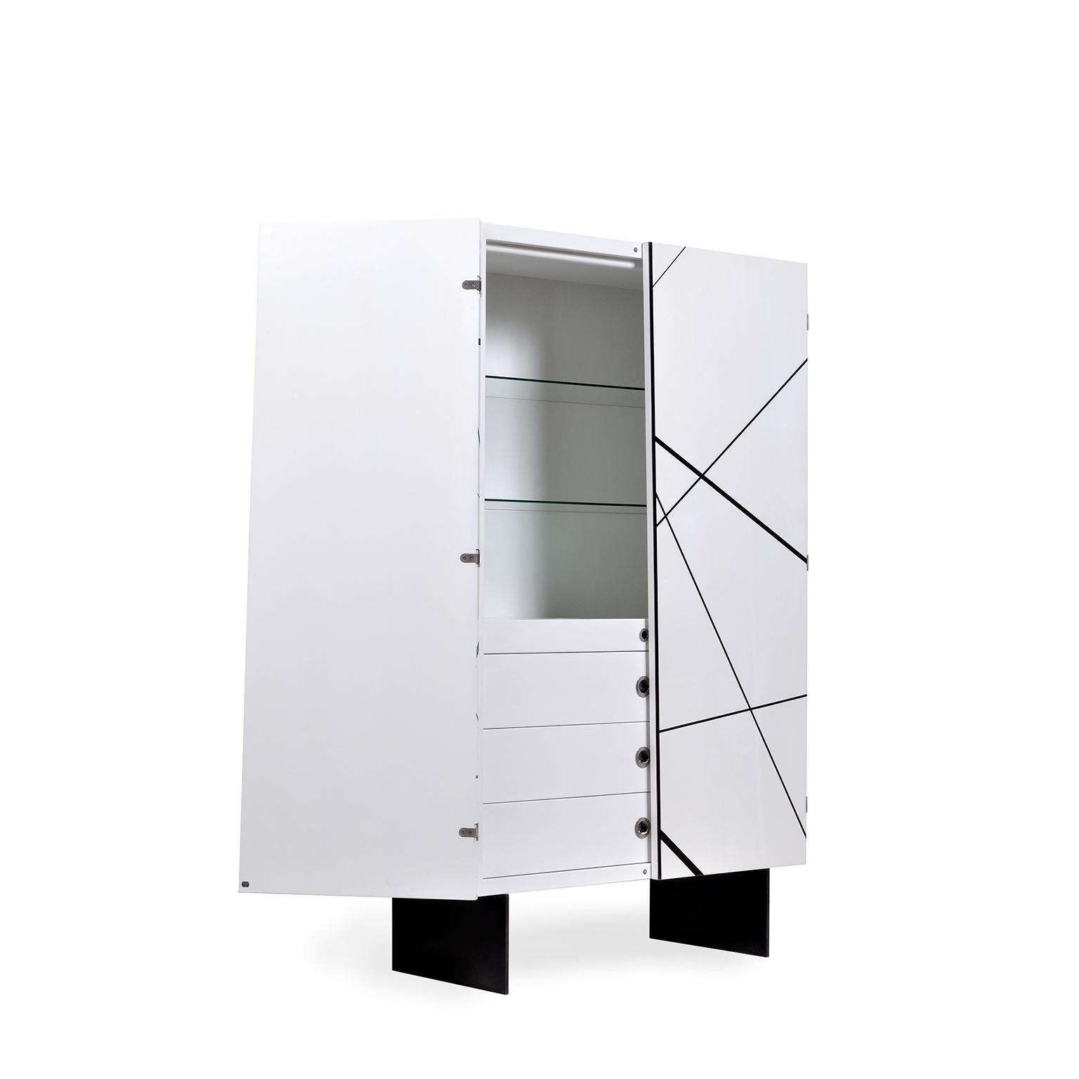 Modern Art in Modern Furniture. The Ray Cabinet in high gloss white lacquer and genuine ebony inlay makes a striking statement. The inlay pattern continues around the front corners to the sides of the piece in uninterrupted lines until the doors