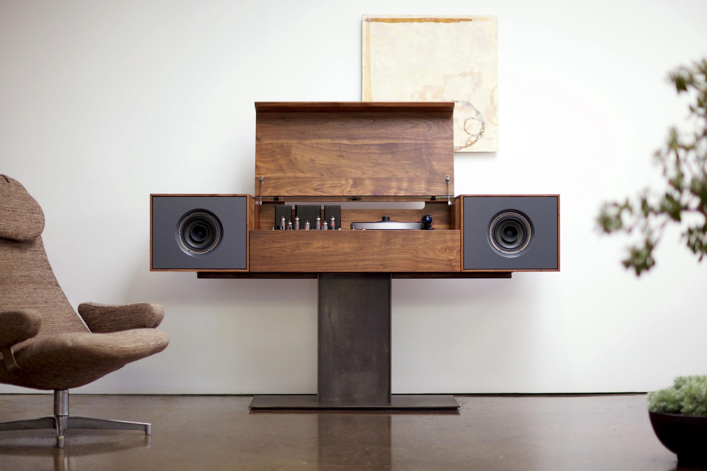 The flagship of the Symbol audio line, the Modern Record Console pays homage to “all in one” console hifi’s of the 1950s, an idea whose time, we believe, has come around again. Each cabinet is individually crafted in the tradition of Fine bench-made