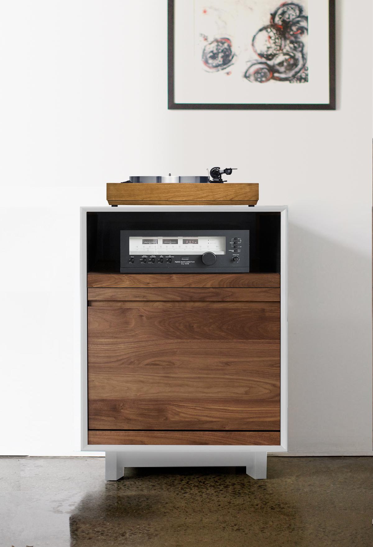 American Modern Record Stand with Vinyl Record Storage in Solid Natural Walnut For Sale