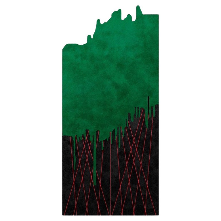 Dark Green Rectangular Rug Modern Rectangular Abstract Shape Hand-Tufted Rug Green, Black and Red ...