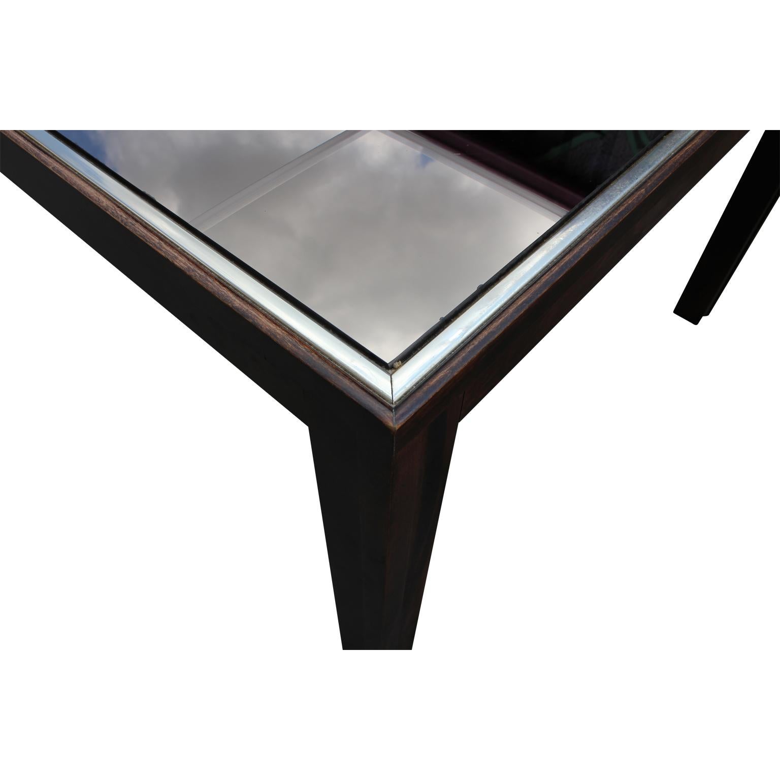 Modern Rectangular Black Dining Table with a Smoked Mirror Top and Brass Inlay In Excellent Condition In Houston, TX