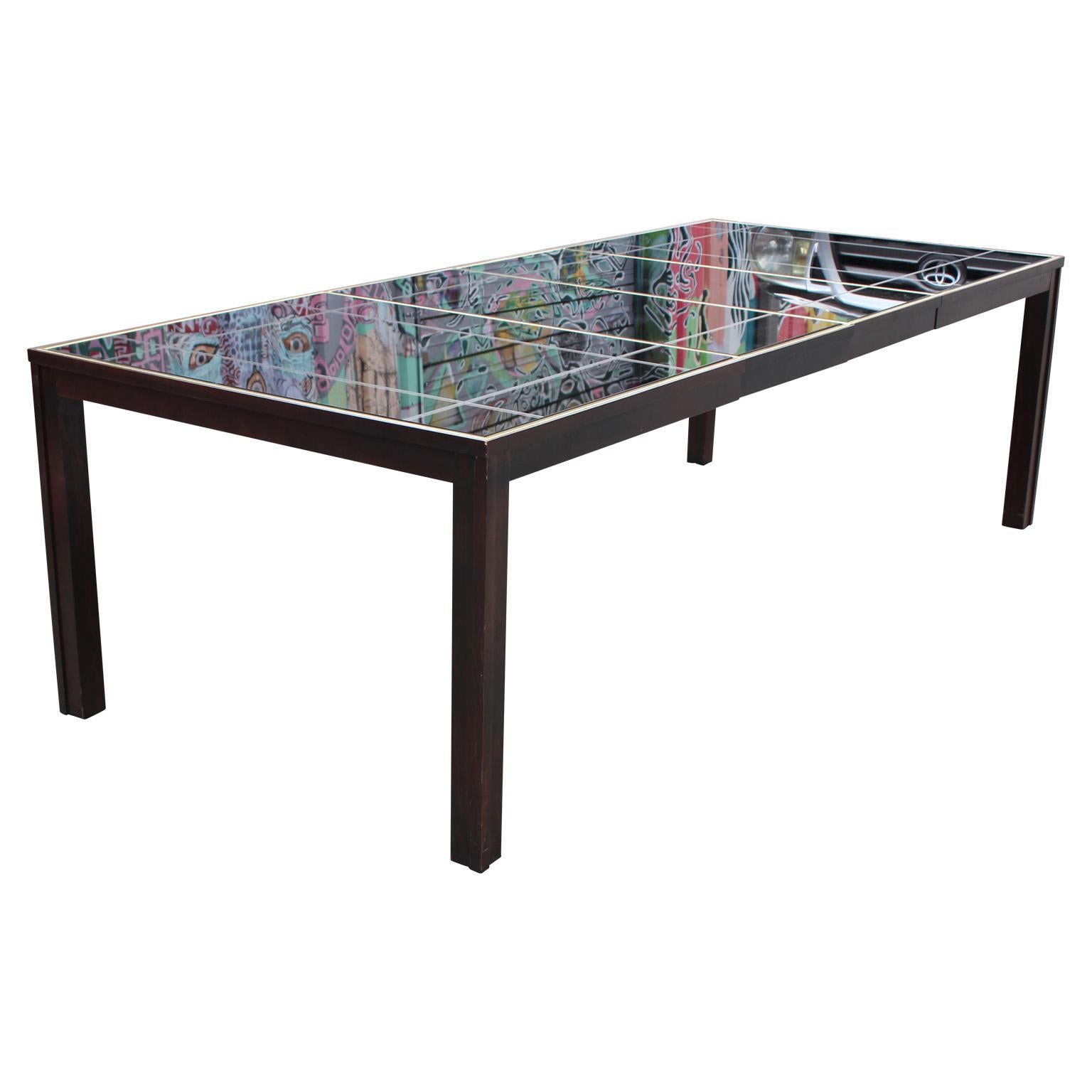 Modern Rectangular Black Dining Table with a Smoked Mirror Top and Brass Inlay 1