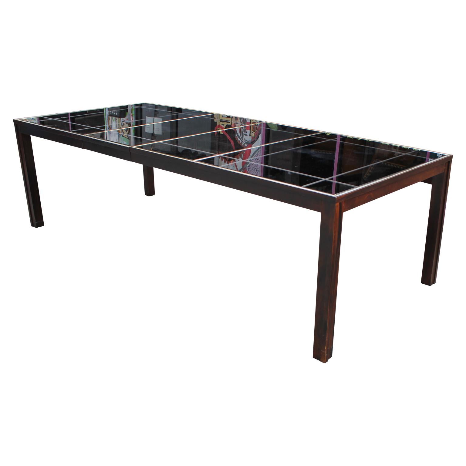 Modern Rectangular Black Dining Table with a Smoked Mirror Top and Brass Inlay