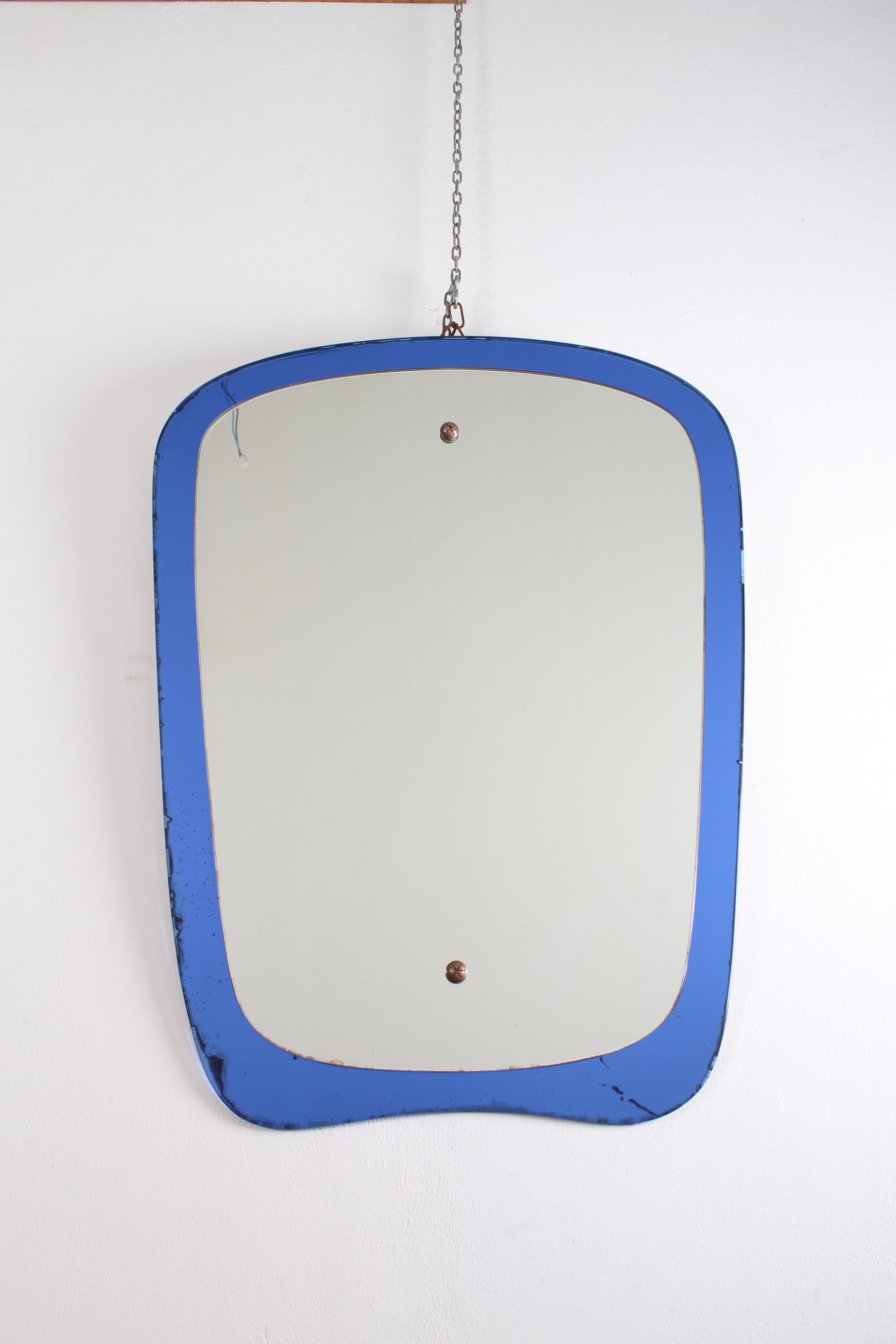 Mid-Century Modern Moden Rectangular Blue Italian Mirror Fontana Arte , 1970s