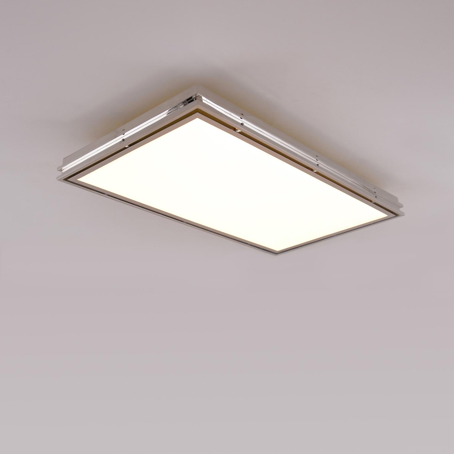 Rectangular chrome-plated ceiling light in German Modernism style, LED panel, manufactured by GMD Berlin, 2018.