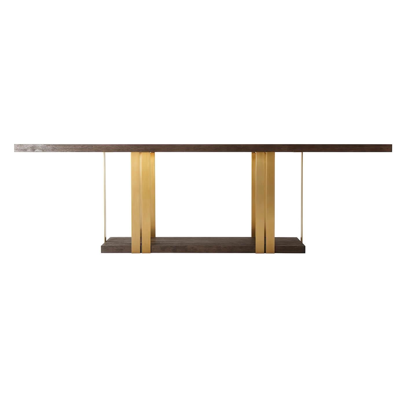 Modern rectangular Lati veneered top dining table with ten brushed brass finish metal supports and raised on a rectangular platform base.

Dimensions: 95.5