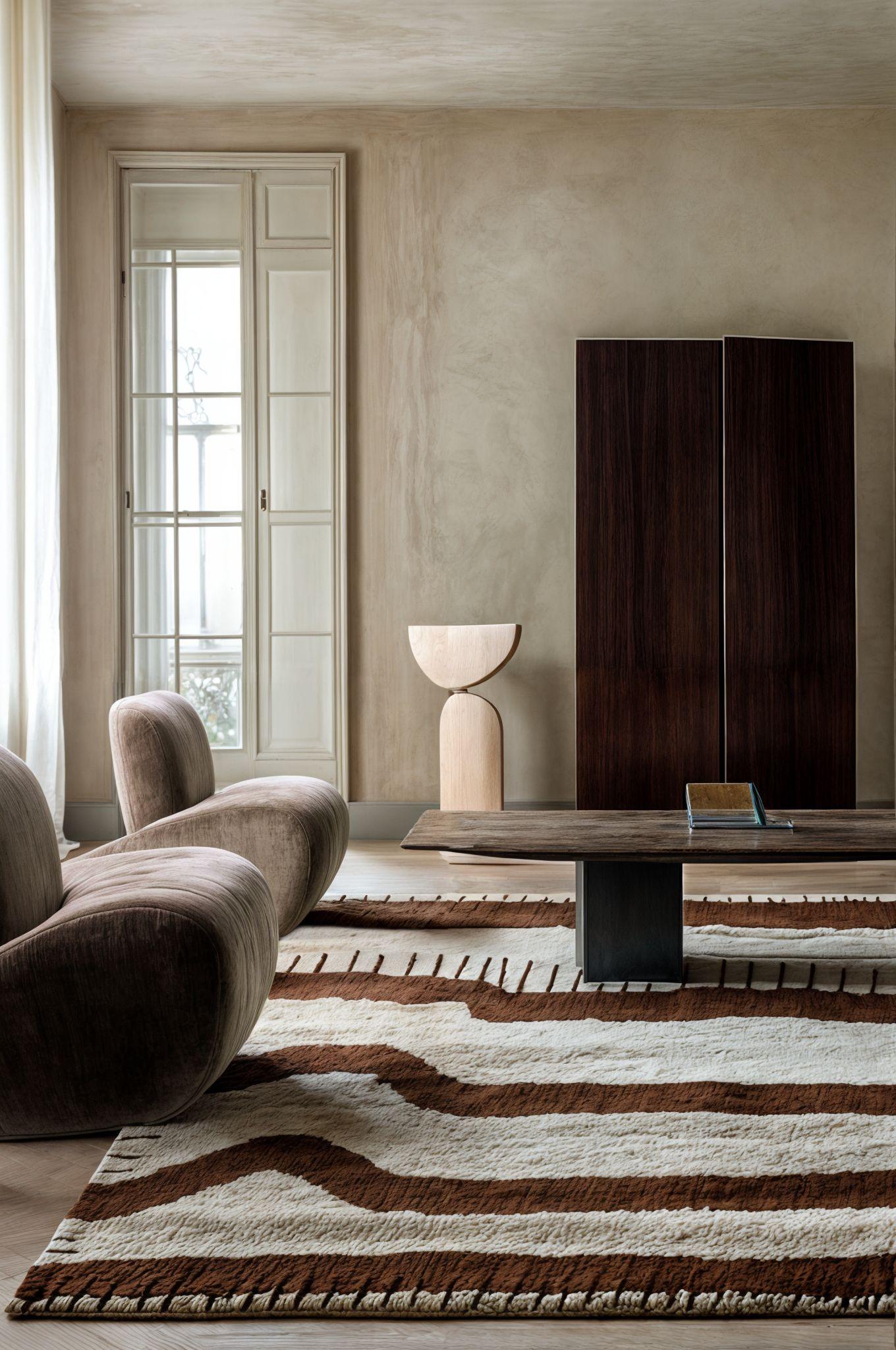 Modern Ethnic Beige Rug Organic Irregular Stripes Pattern Red, Brown

The Dill Rug brings a refreshing character between tradition and modernity to your space. An organic and irregular striped rug in neutral shades adds a rhythmic quality, perfect