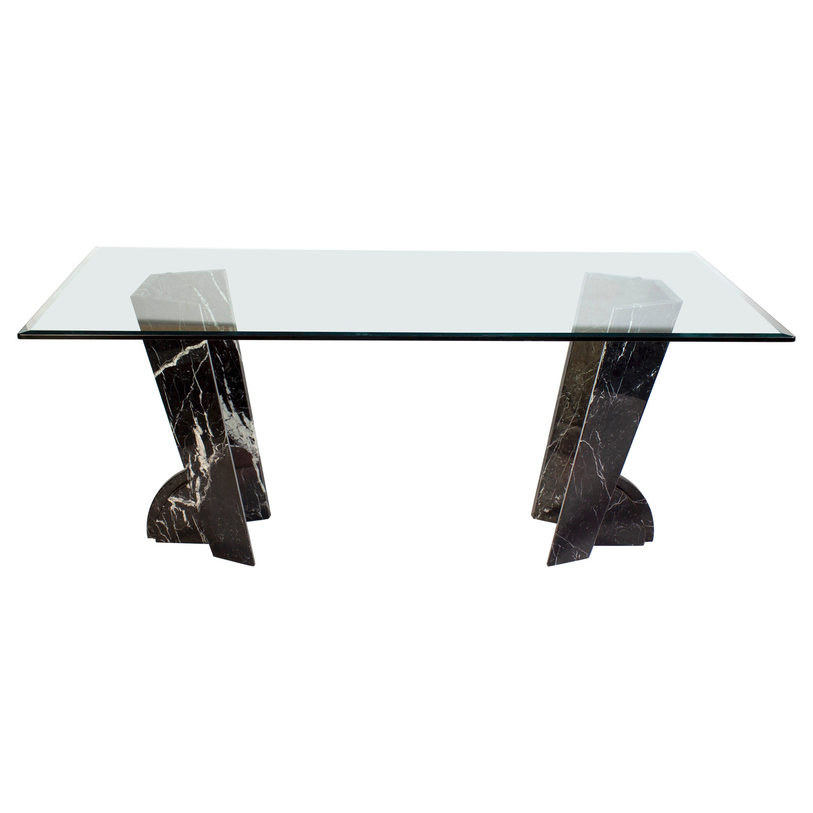 Modern Rectangular Glass Dining Table with Marble Base 1970'