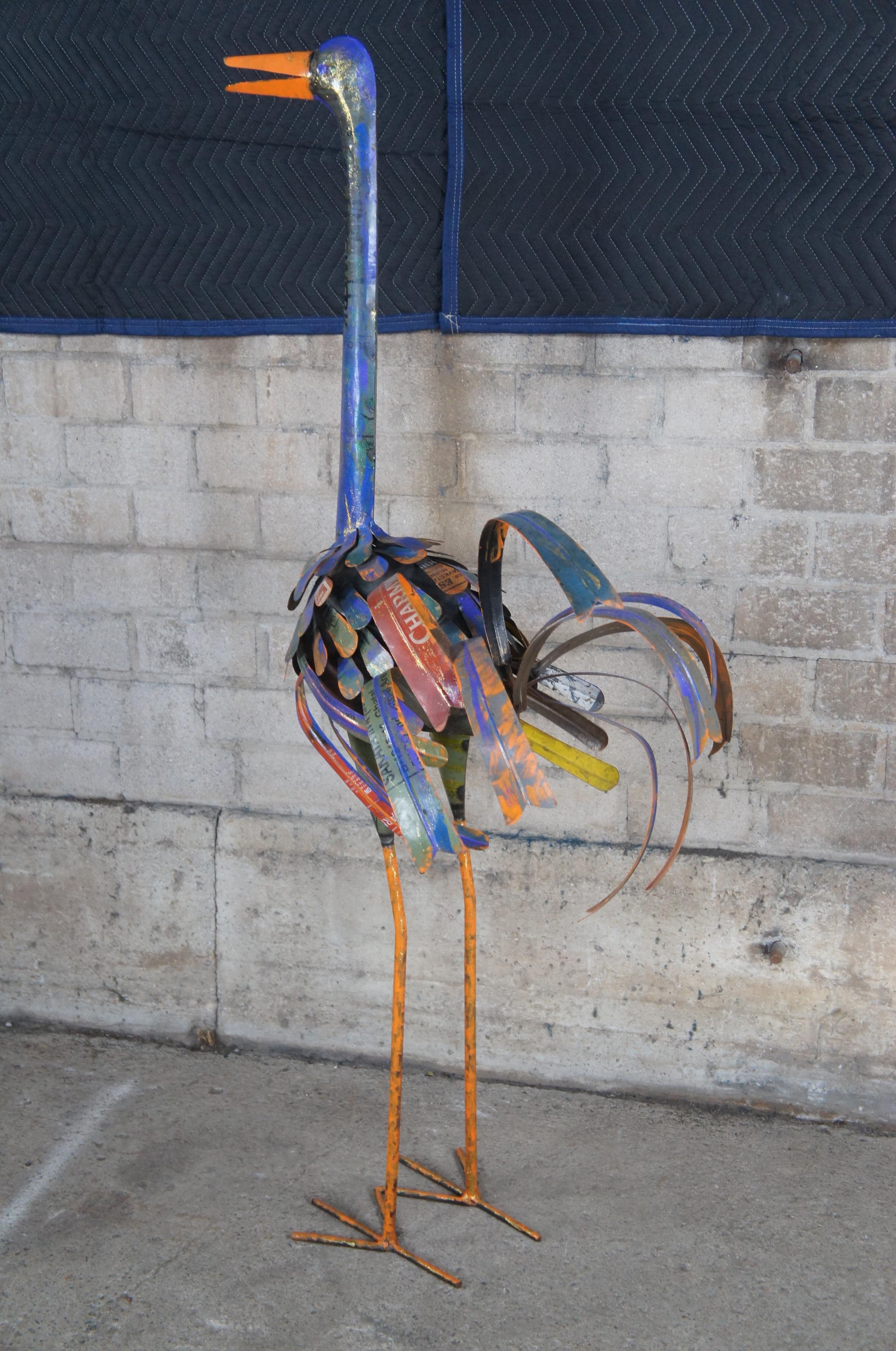 Modern Recycled Sculptural Tin Iron Life Size Crane Art Sculpture Statue Bird For Sale 2
