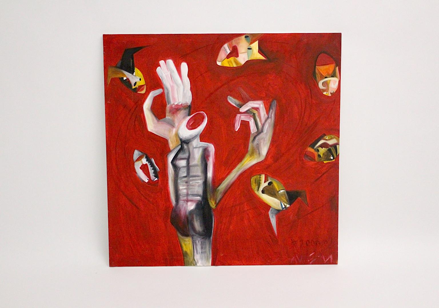 Modern red oil on canvas painting, which was created in Austria, 2000.
The oil painting shows some abstract figures in bold colors.
Signed at the corner with AW and dated 2000 / 02.
Provenance: from an industrialist in Lower Austria
Approx.