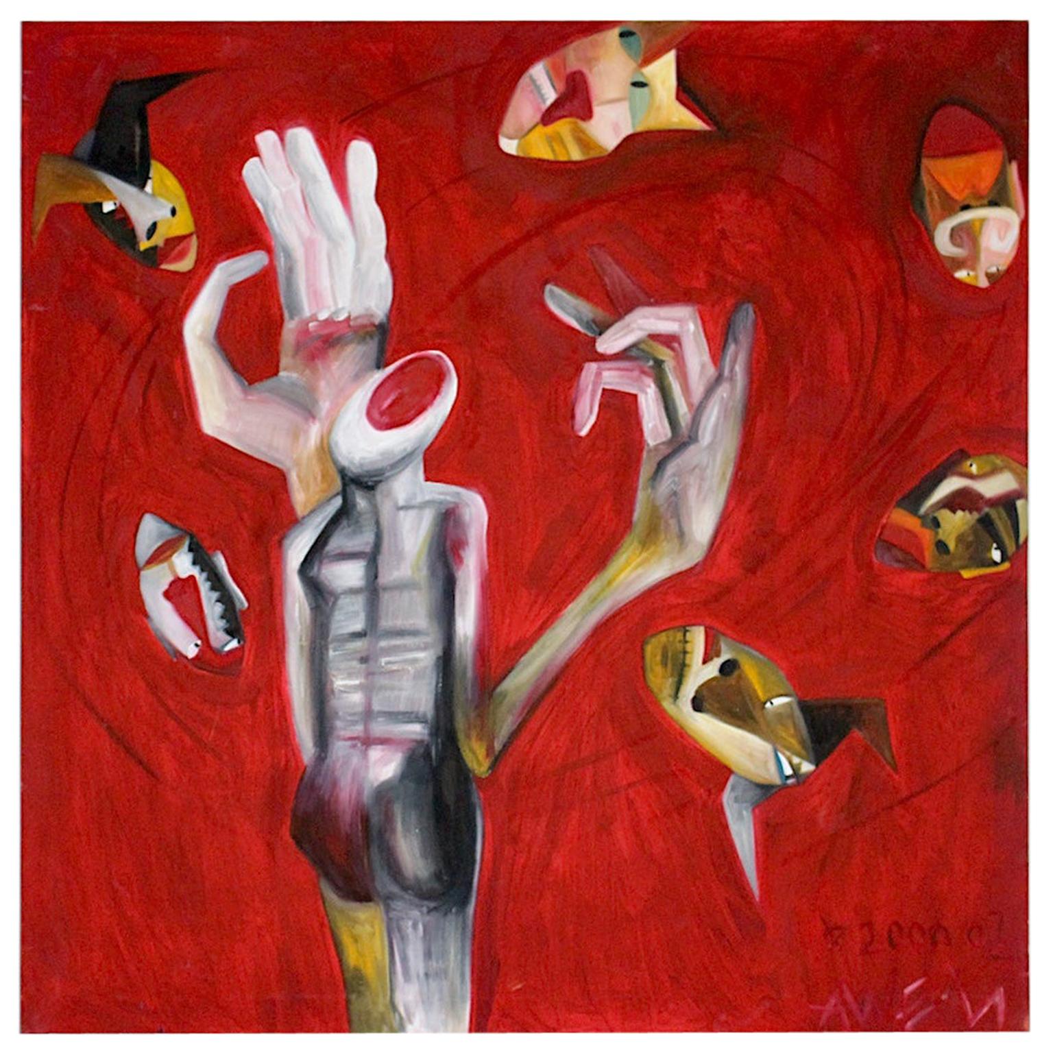 Modern Red Abstract Oil Canvas Painting, Austria, 2000 For Sale