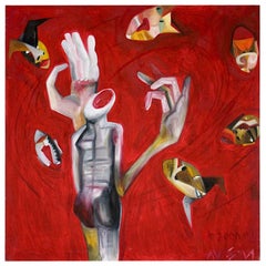 Modern Red Abstract Oil Canvas Painting, Austria, 2000