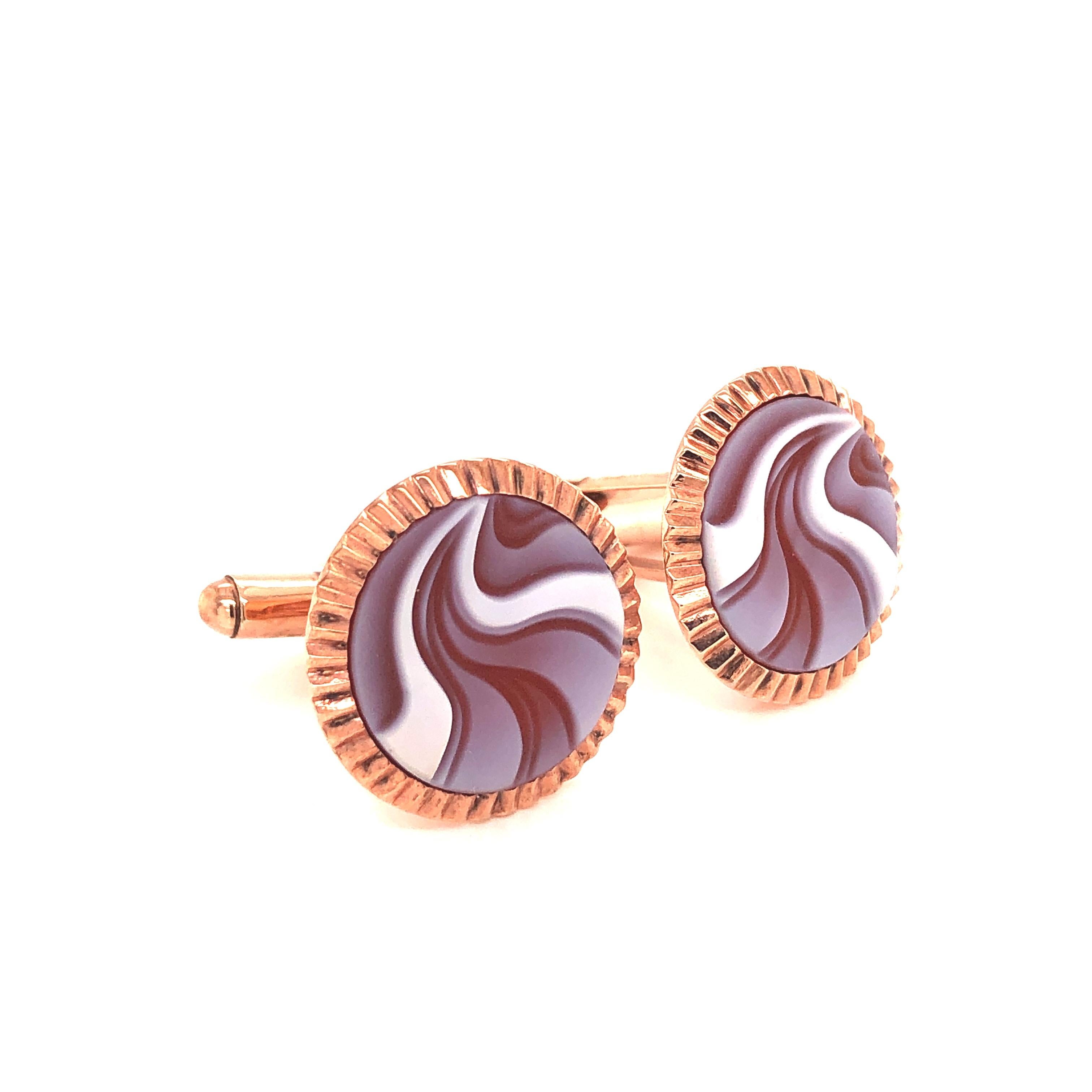 Round Cut Rose Gold Plated Sterling Silver Modern Design Red Agate Gem-Carving Cufflinks For Sale