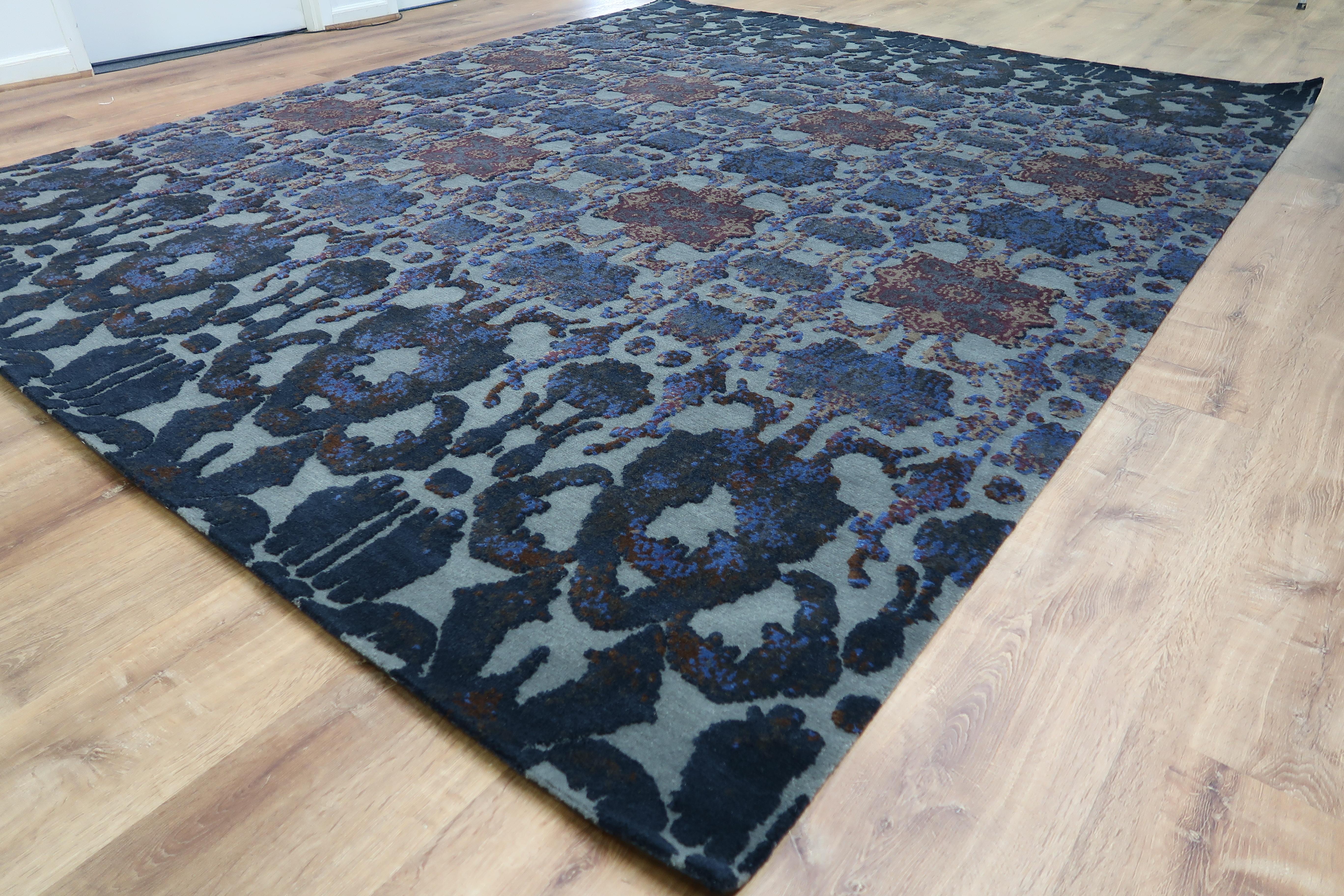 Hand-Knotted Modern Red and Blue Rug in New Zealand Wool from Hodaire Collection by Gordian For Sale