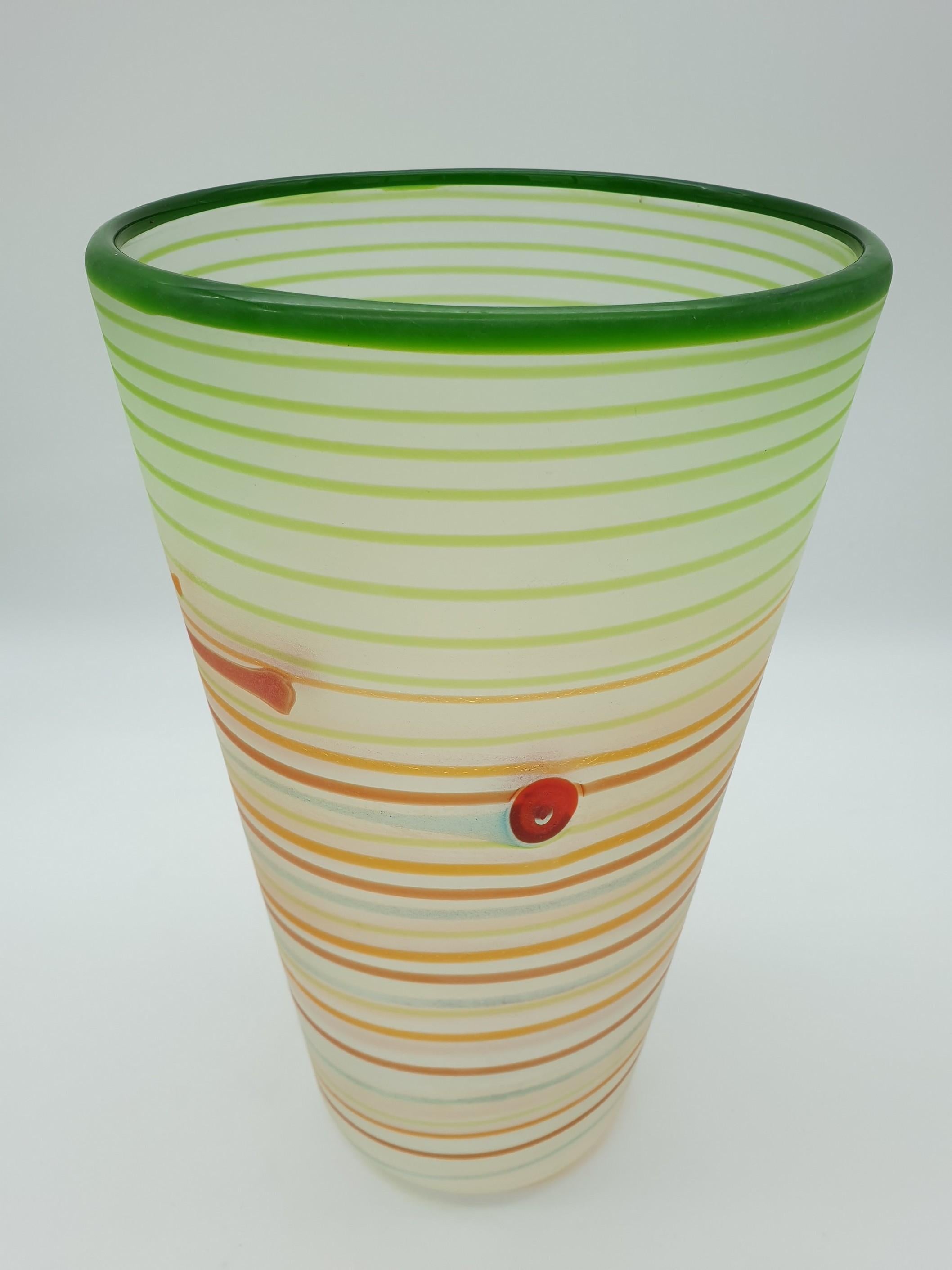 Hand-Crafted Modern Red and Green Murano Glass Vase with Murrine by Cenedese, 1980s For Sale