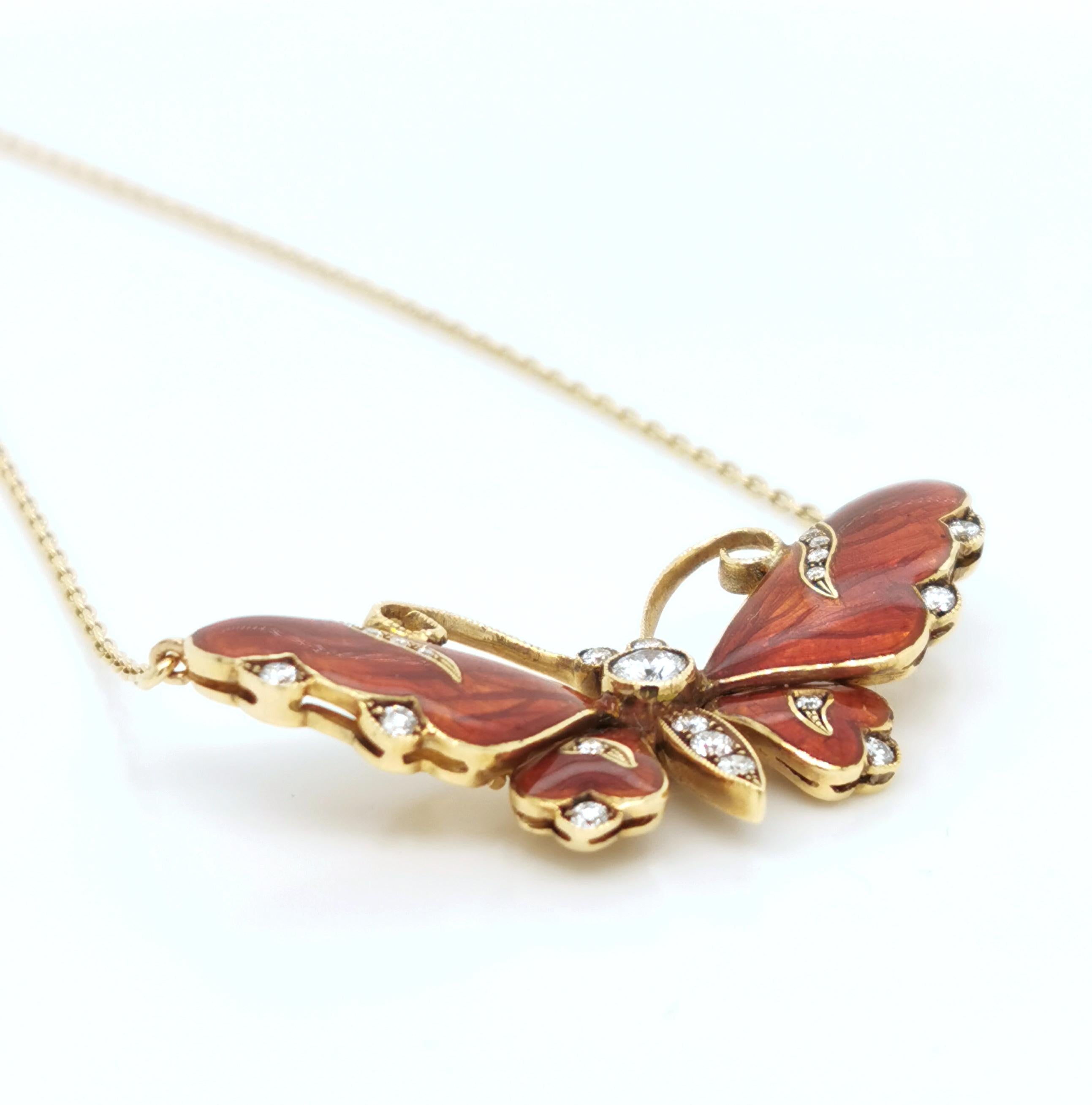 Brilliant Cut Modern Red Enamel, Diamond and Gold Butterfly Pendant For Sale