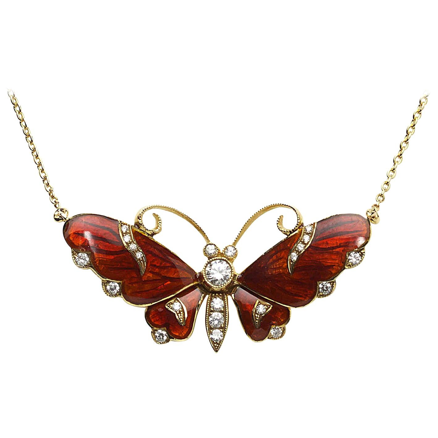 Modern Red Enamel, Diamond and Gold Butterfly Pendant For Sale