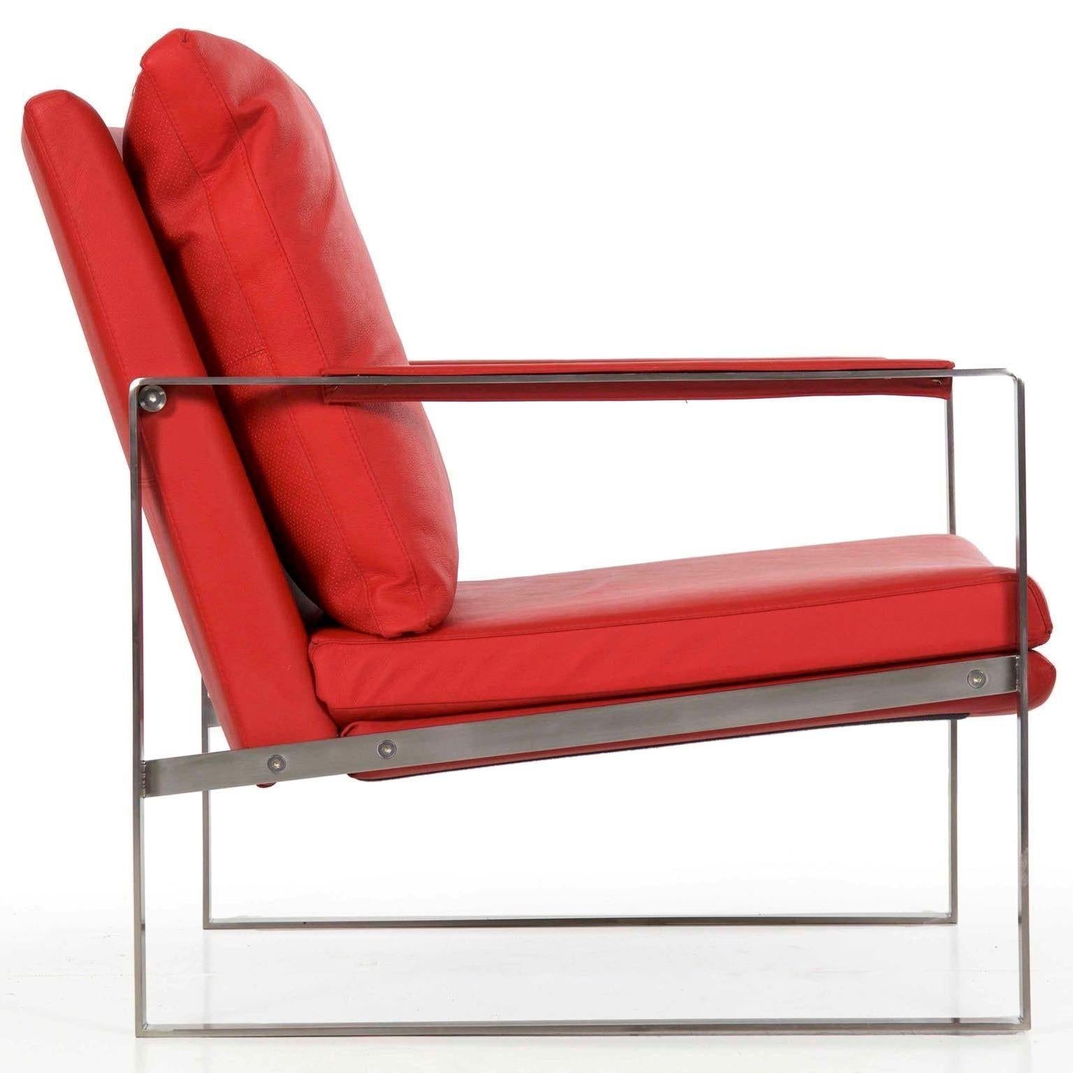 American Modern Red Faux-Leather and Brushed Steel Cube Lounge Chair For Sale