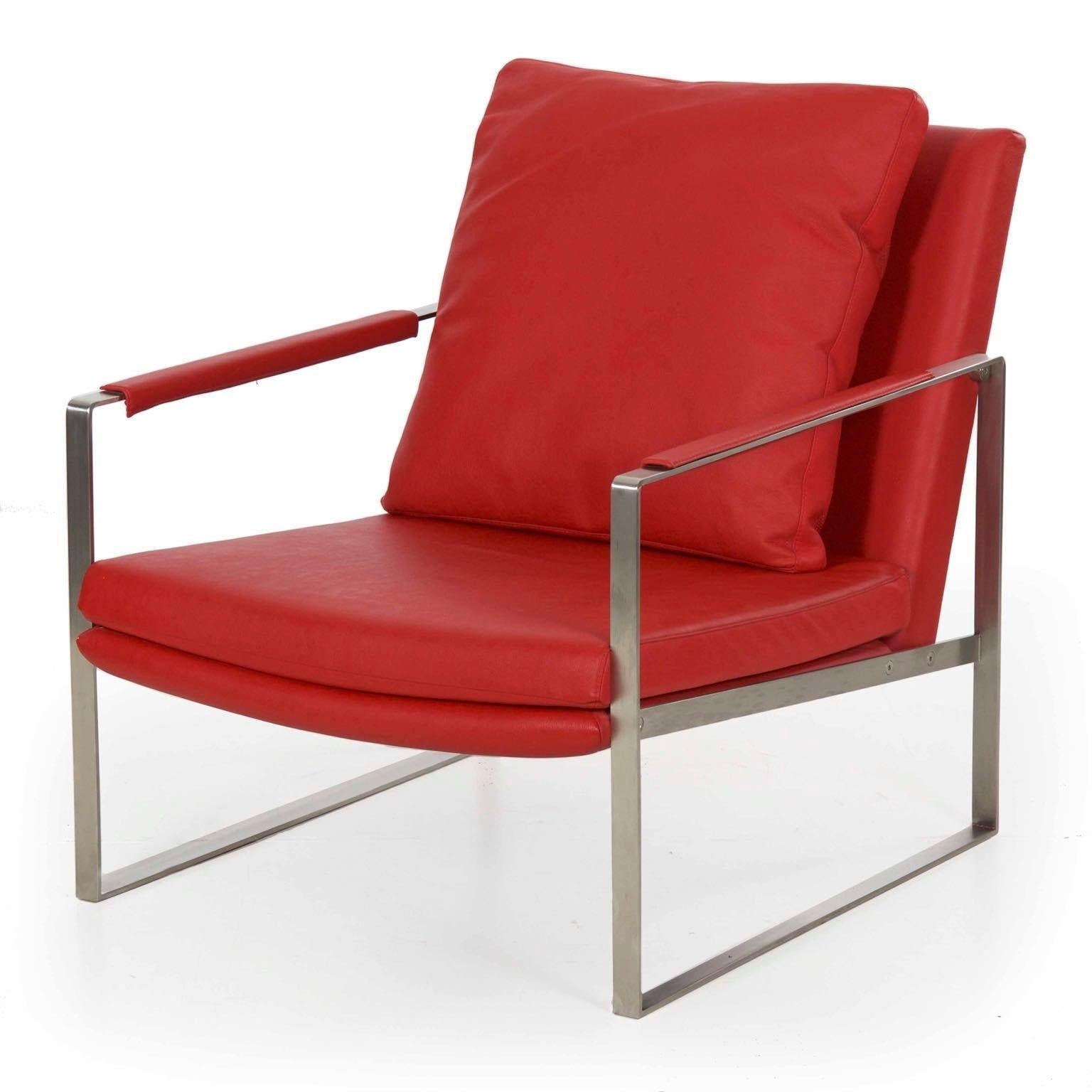 Modern Red Faux-Leather and Brushed Steel Cube Lounge Chair In Good Condition For Sale In Shippensburg, PA