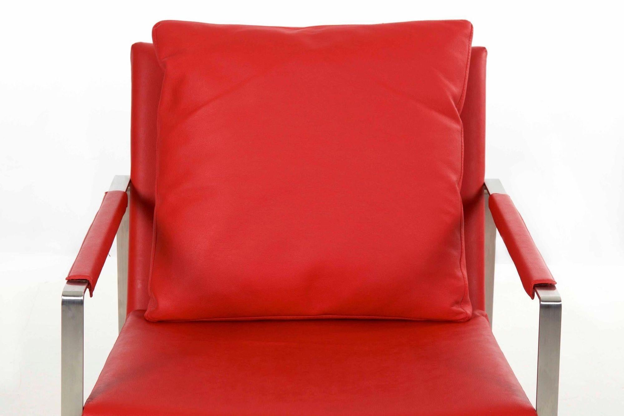 Modern Red Faux-Leather and Brushed Steel Cube Lounge Chair For Sale 1