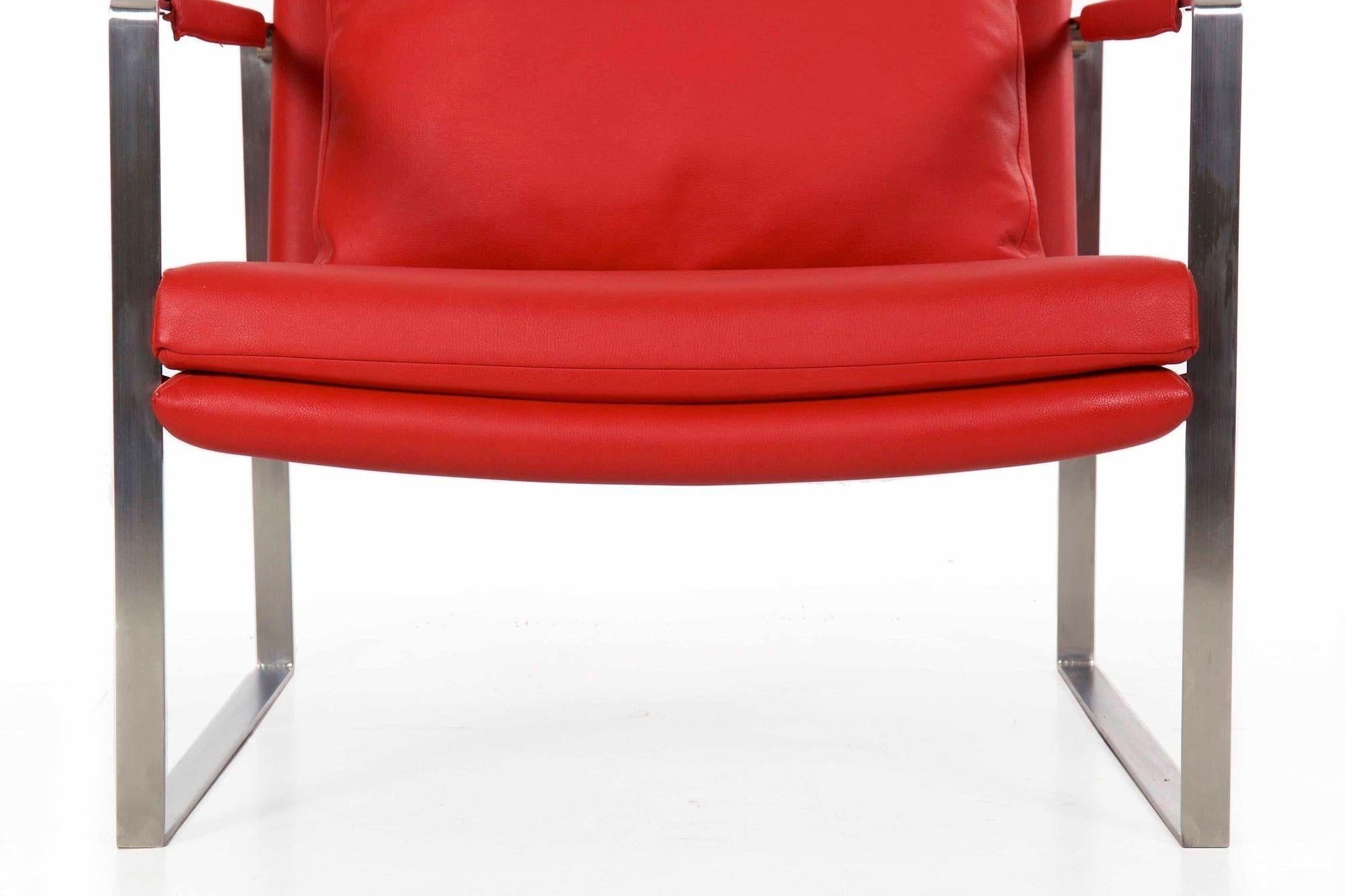 Modern Red Faux-Leather and Brushed Steel Cube Lounge Chair For Sale 2