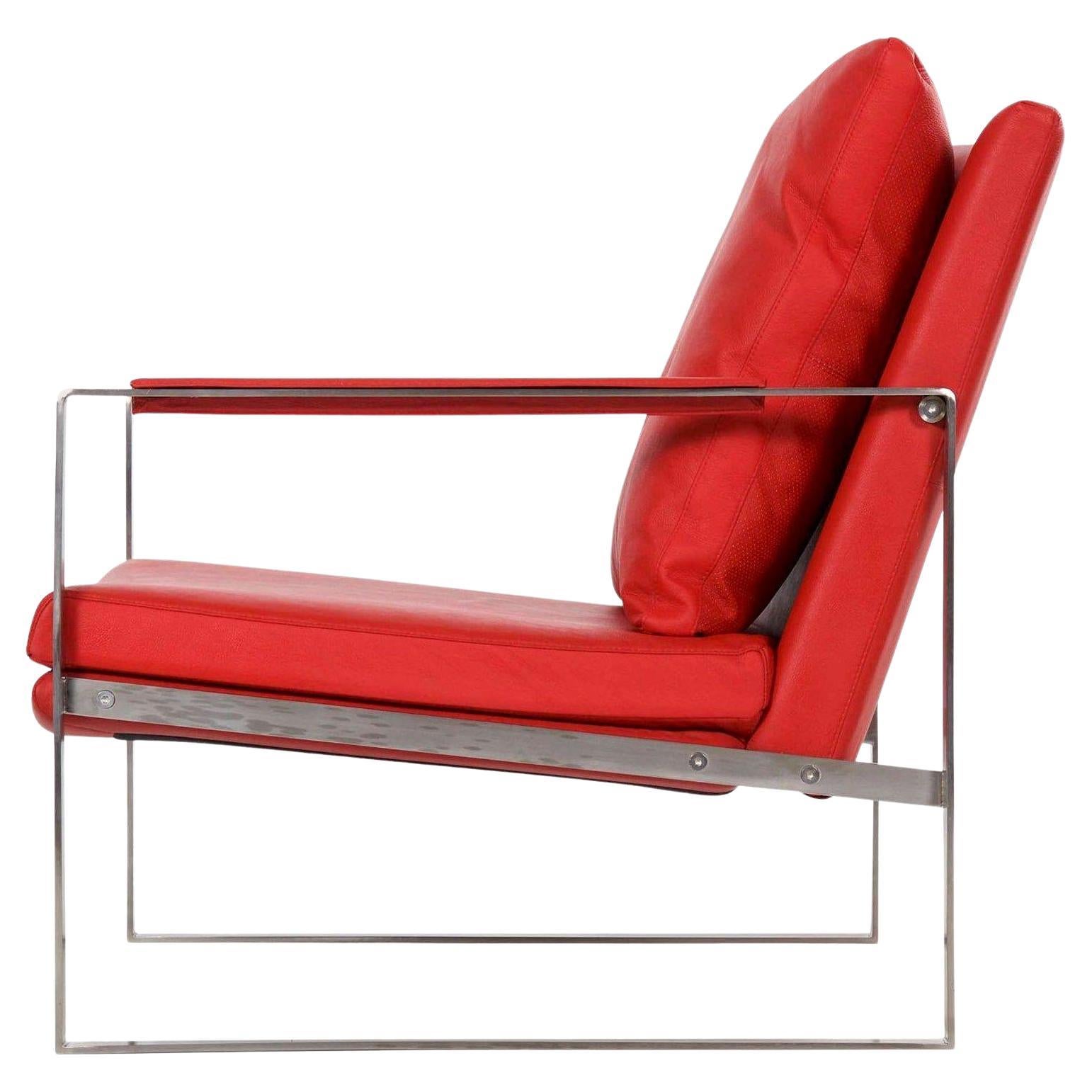 Modern Red Faux-Leather and Brushed Steel Cube Lounge Chair