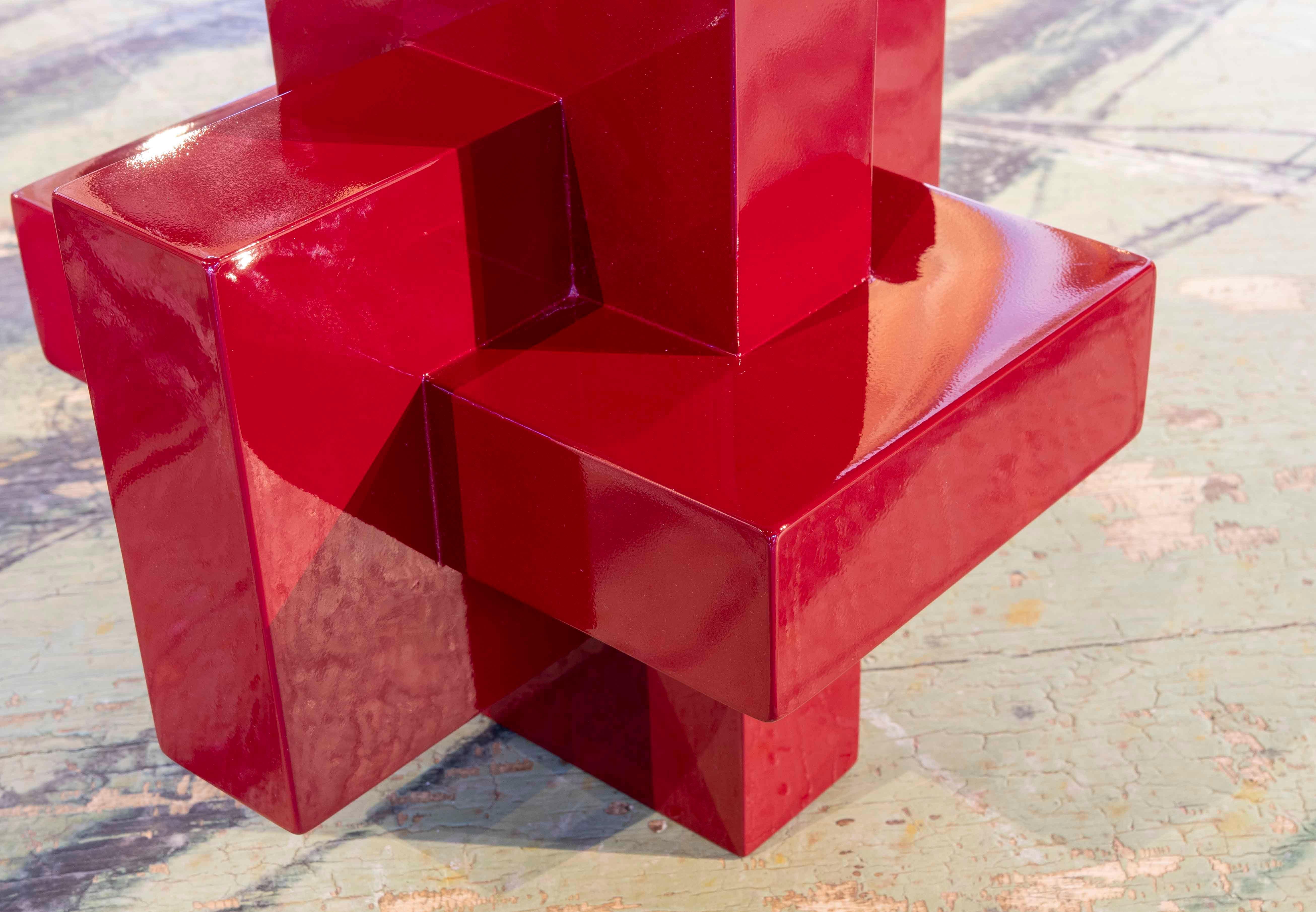 Moderne rot lackierte Holzskulptur mit ineinander verschlungenen geraden Formen im Angebot 7