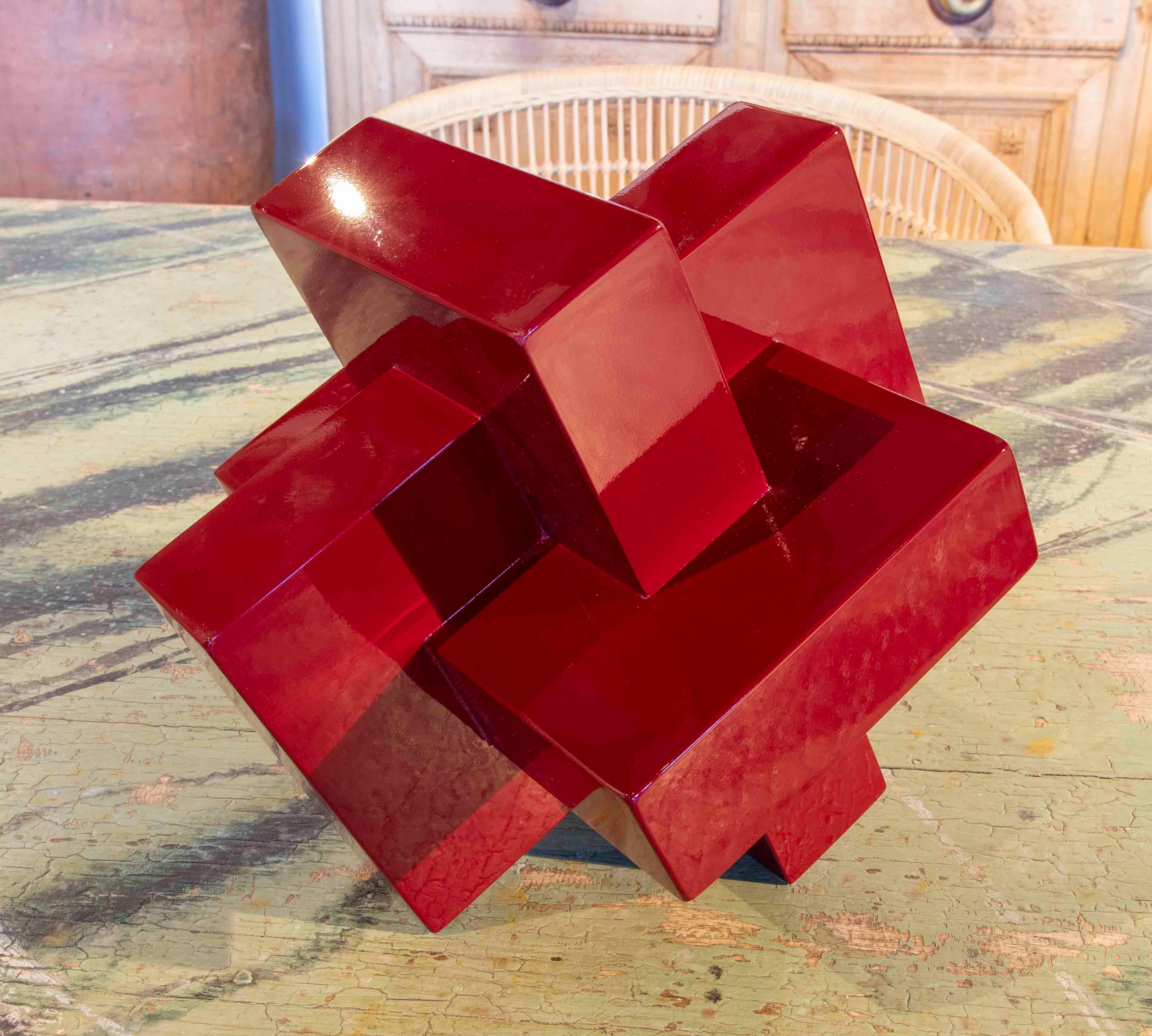 Contemporary Modern Red Lacquered Wood Sculpture with Intertwined Straight Forms For Sale